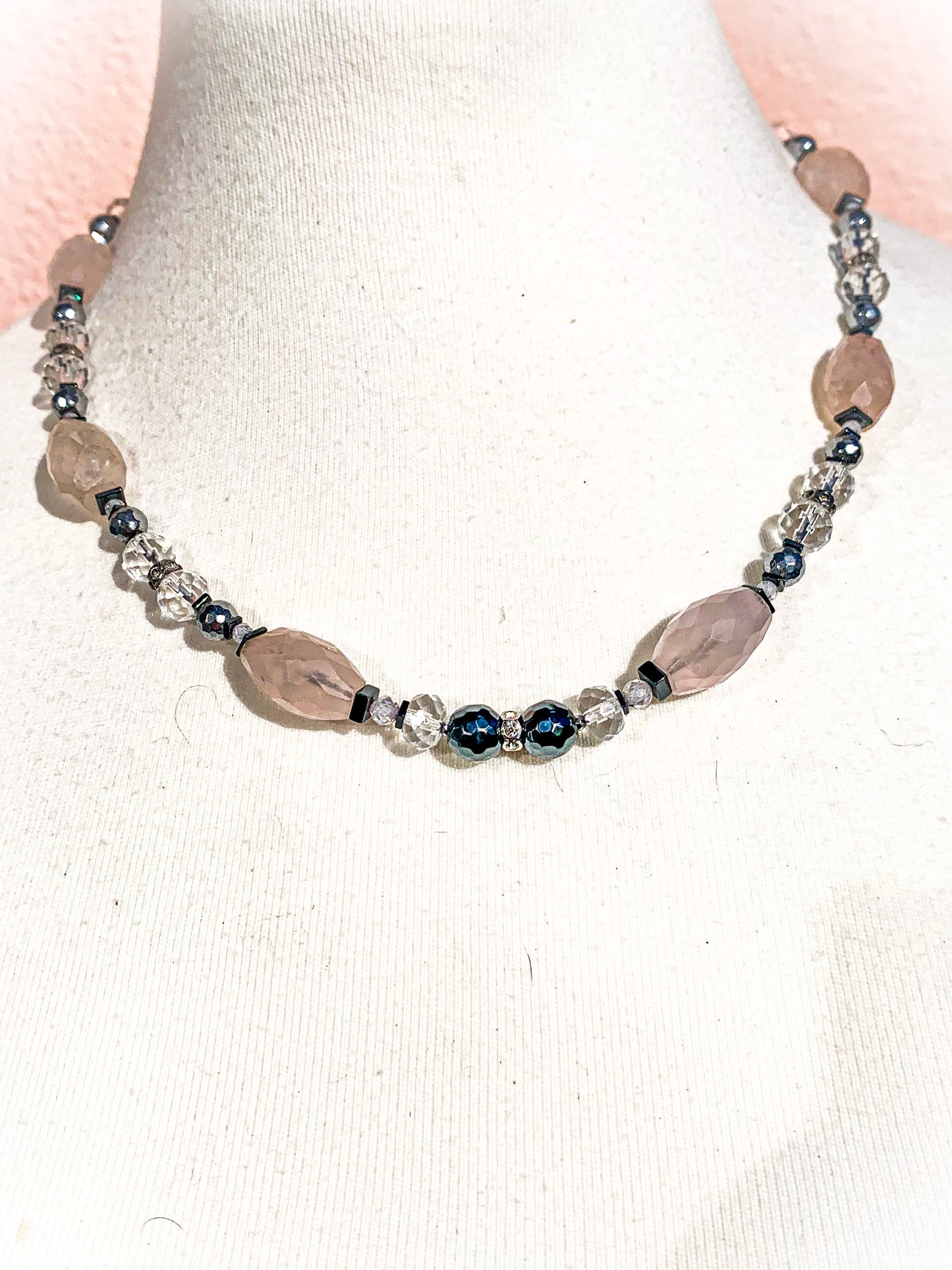 HAUTE : Art Deco - Rose Quartz, Rock Crystal, Hematite, CZ, Swarovski Crystal Necklace  w/ Limited Edition Art Deco Cubic Zirconia Clasp & optional Rose Quartz Star Pendant /H51AD*