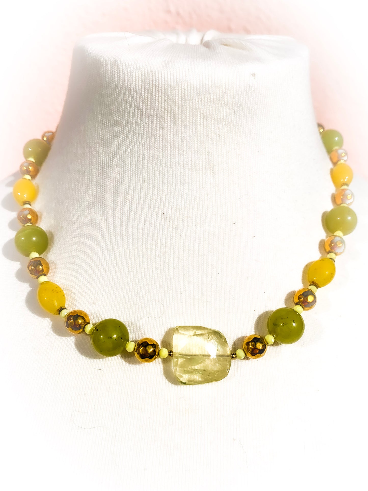 HAUTE : Pale Citrine, Golden Hematite, Cubic Zirconia, Green & Yellow Jade Necklace /H9
