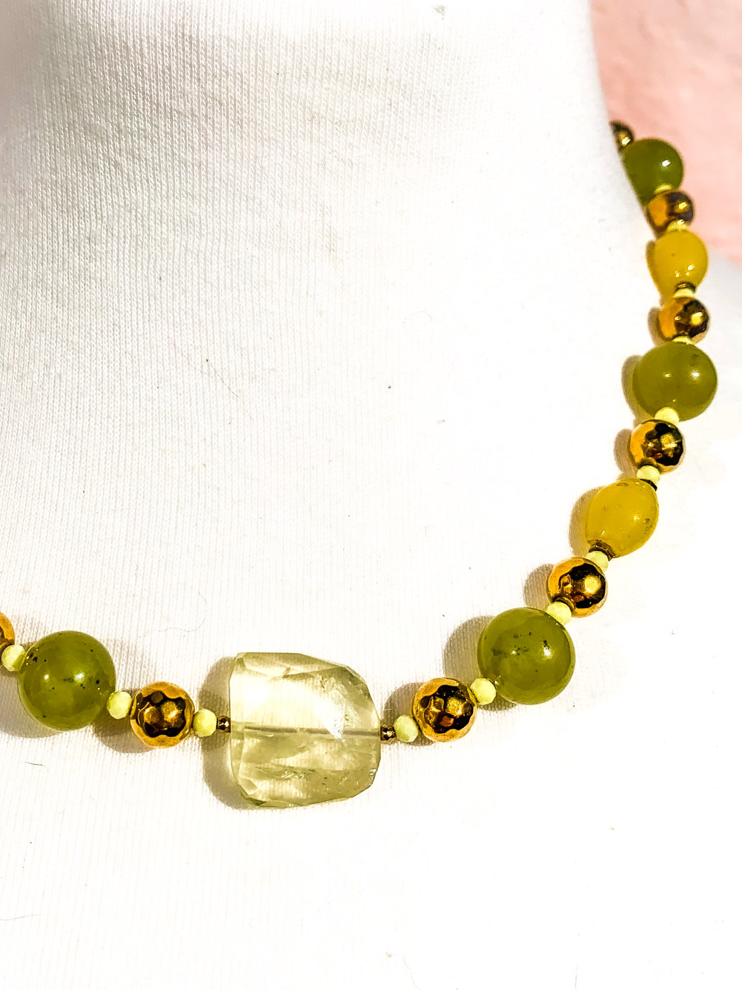 HAUTE : Pale Citrine, Golden Hematite, Cubic Zirconia, Green & Yellow Jade Necklace /H9