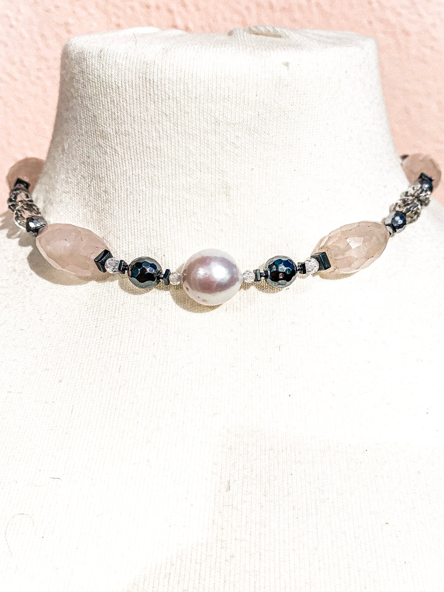 HAUTE : Art Deco - Rose Quartz, Rock Crystal, CZ, Hematite, Swarovski Crystal Necklace w/ Limited Edition CZ Clasp /H50AD*