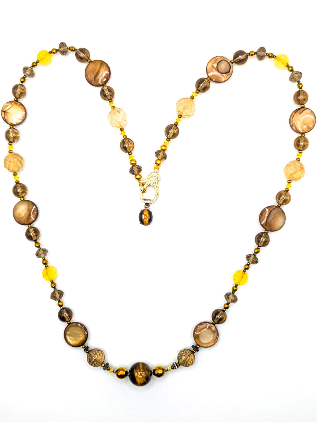 HAUTE : Smokey Quartz, Rutilated Quartz, Tigers Eye, Citrine, Hematite, Mother of Pearl Swarovski Crystal, CZ Necklace /H13