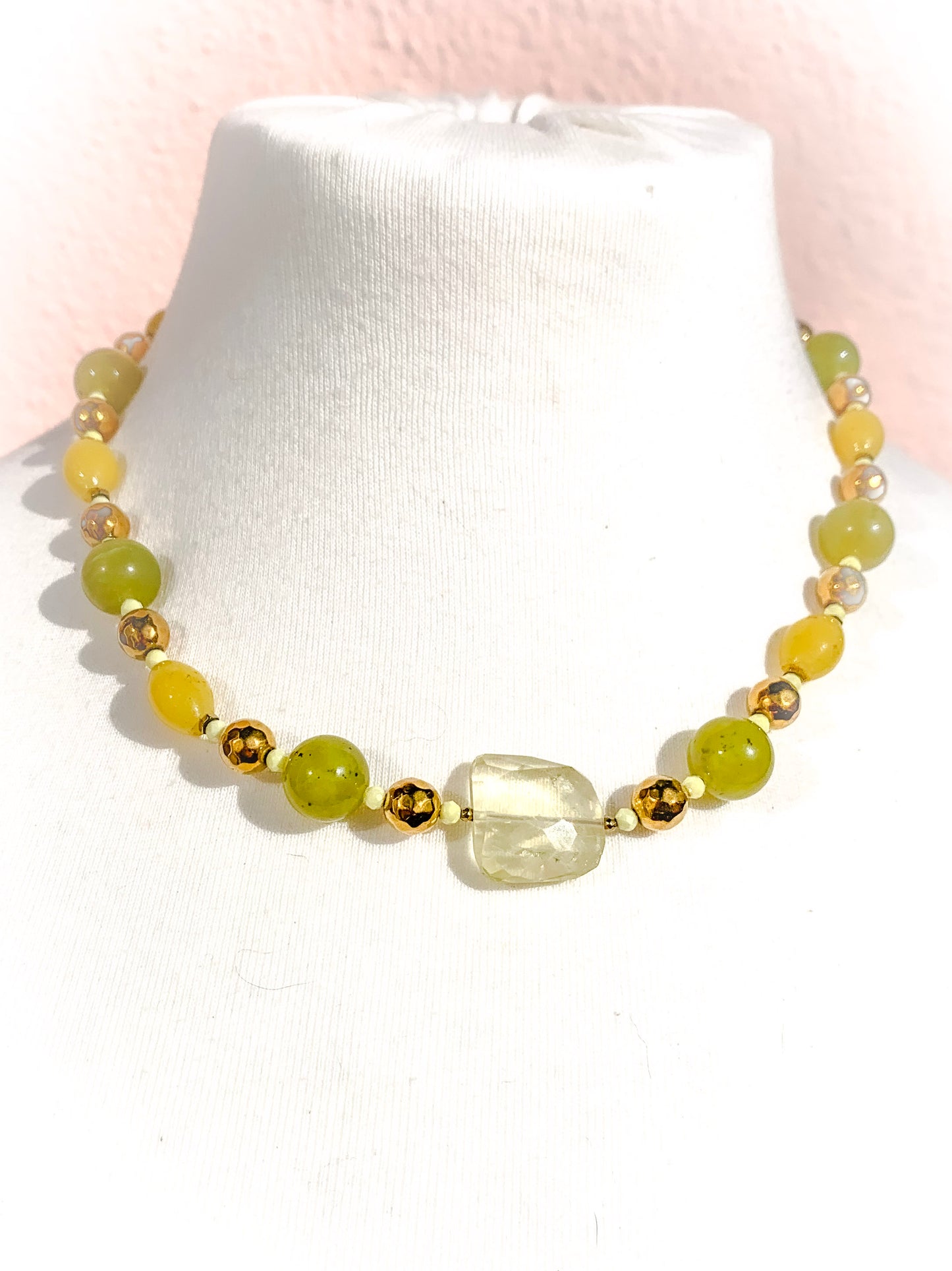 HAUTE : Pale Citrine, Golden Hematite, Cubic Zirconia, Green & Yellow Jade Necklace /H9