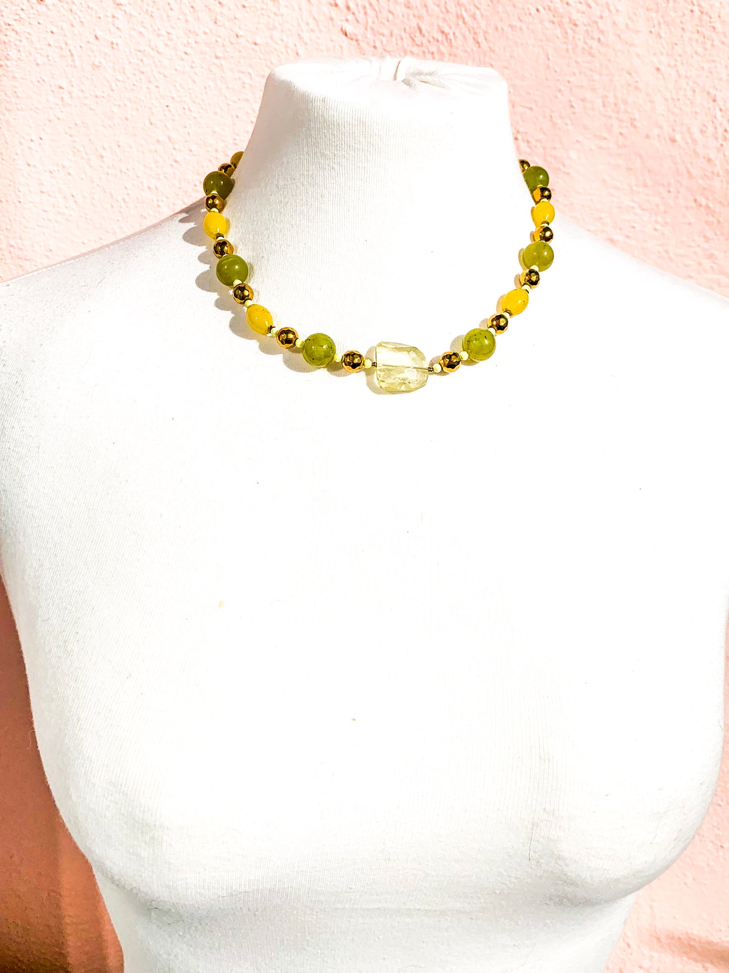 HAUTE : Pale Citrine, Golden Hematite, Cubic Zirconia, Green & Yellow Jade Necklace /H9