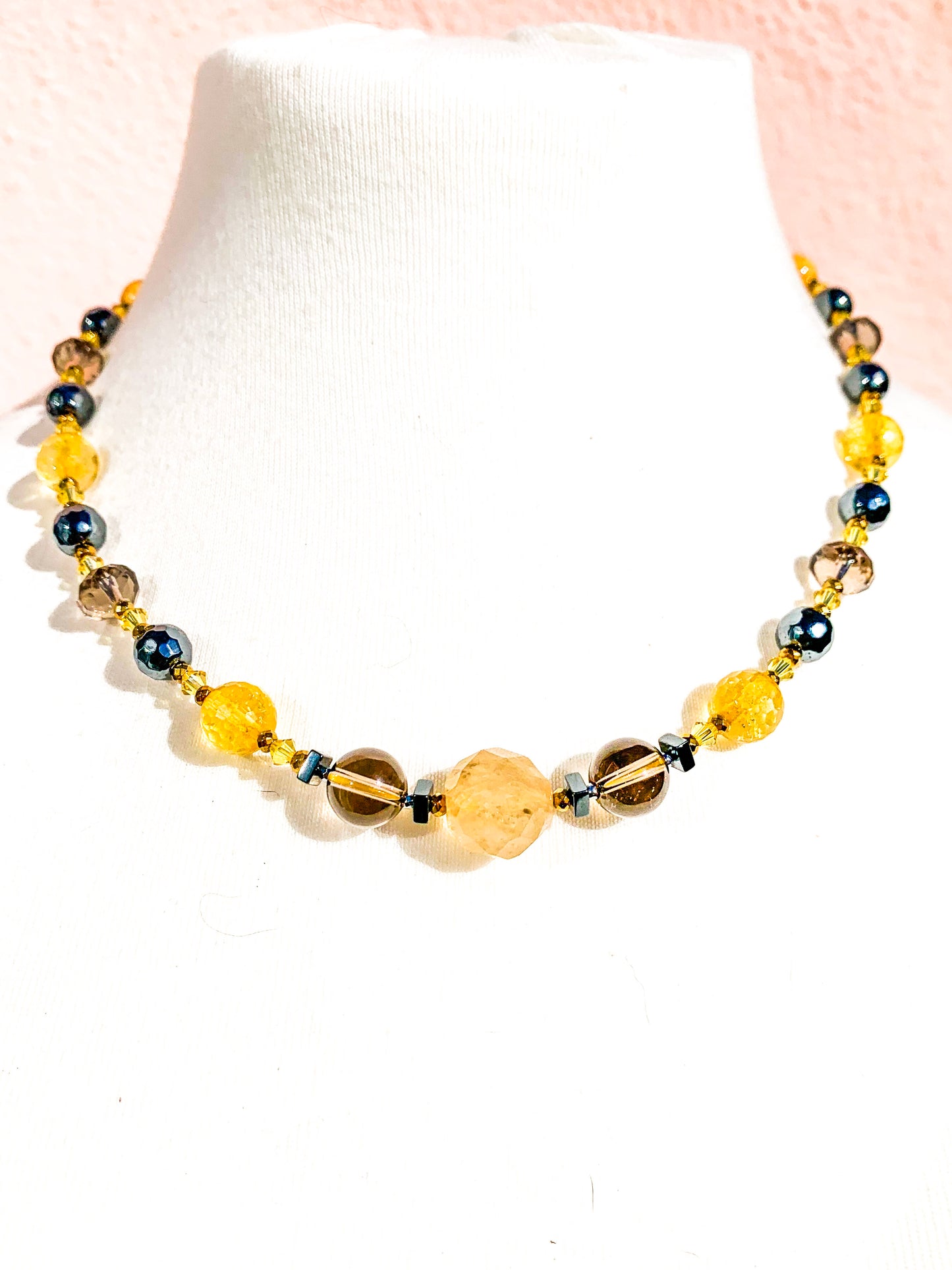 HAUTE : Citrine, Smokey Quartz, Rutilated Quartz, Hematite, Swarovski Crystal w/ 925 Vermeil Magnet Necklace /H16