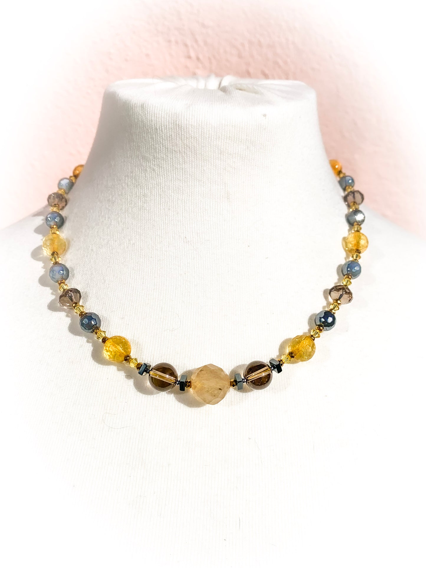 HAUTE : Citrine, Smokey Quartz, Rutilated Quartz, Hematite, Swarovski Crystal w/ 925 Vermeil Magnet Necklace /H16