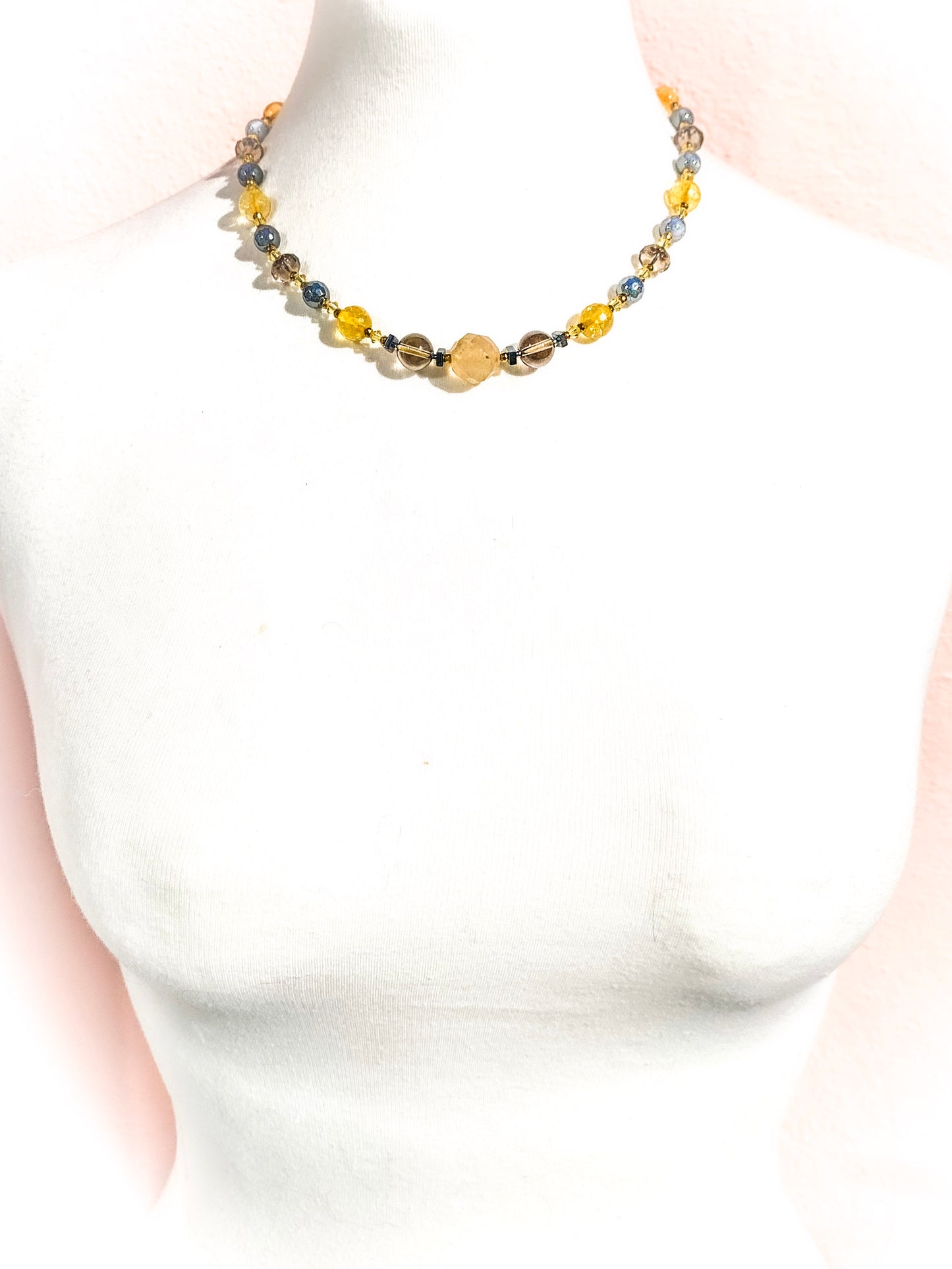 HAUTE : Citrine, Smokey Quartz, Rutilated Quartz, Hematite, Swarovski Crystal w/ 925 Vermeil Magnet Necklace /H16