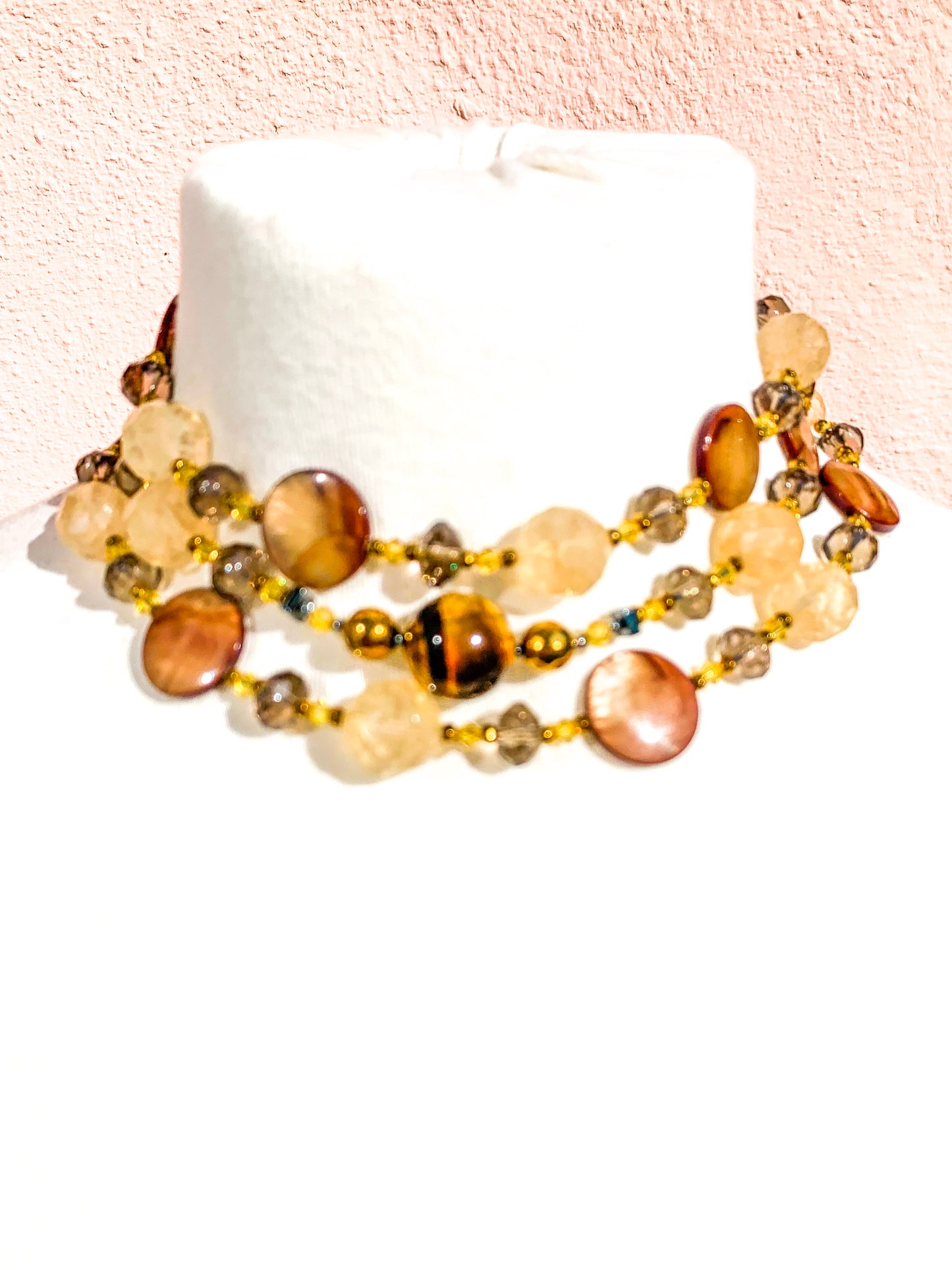HAUTE : Smokey Quartz, Rutilated Quartz, Tigers Eye, Hematite, Swarovski Crystal & CZ, Mother of Pearl Necklace /H14