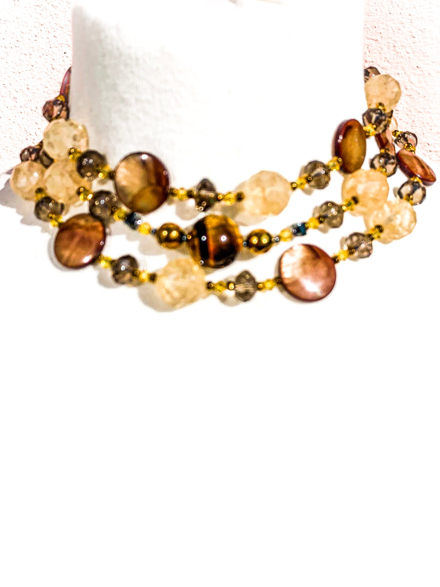 HAUTE : Smokey Quartz, Rutilated Quartz, Tigers Eye, Hematite, Swarovski Crystal & CZ, Mother of Pearl Necklace /H14
