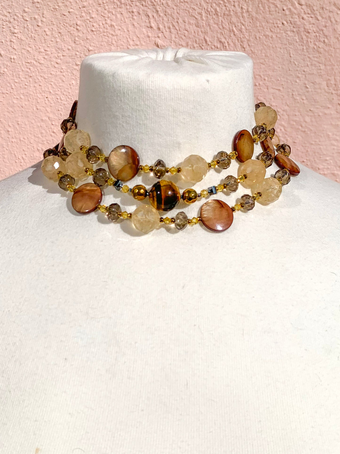 HAUTE : Smokey Quartz, Rutilated Quartz, Tigers Eye, Hematite, Swarovski Crystal & CZ, Mother of Pearl Necklace /H14
