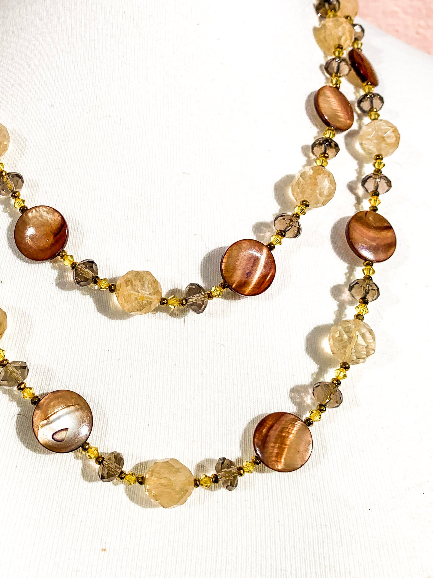 HAUTE : Smokey Quartz, Rutilated Quartz, Tigers Eye, Hematite, Swarovski Crystal & CZ, Mother of Pearl Necklace /H14