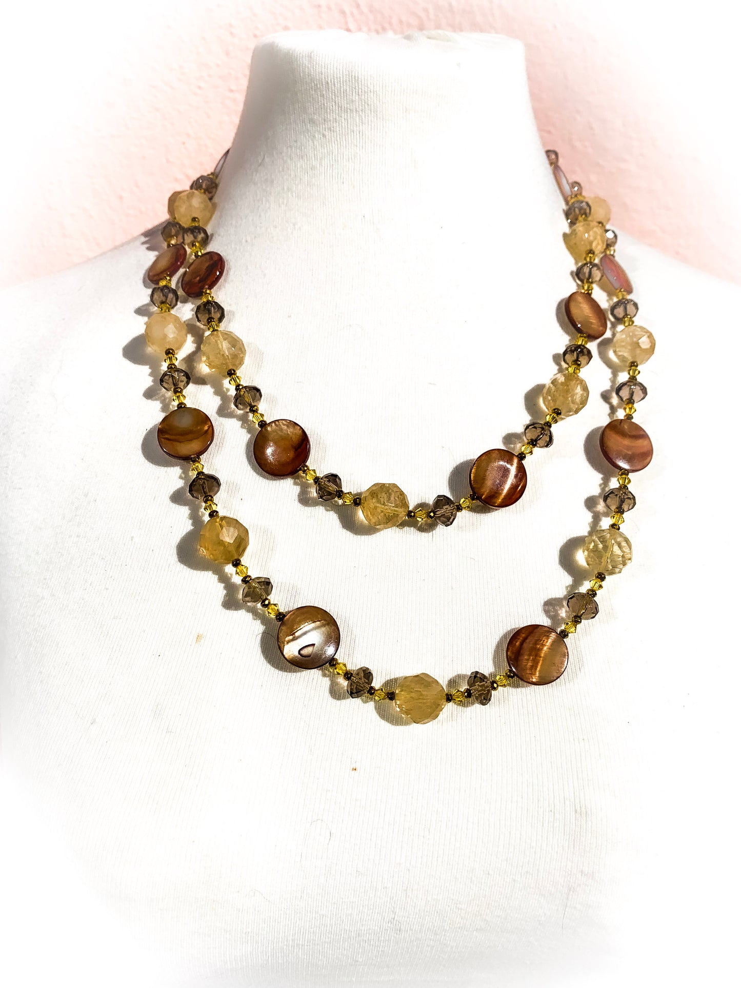HAUTE : Smokey Quartz, Rutilated Quartz, Tigers Eye, Hematite, Swarovski Crystal & CZ, Mother of Pearl Necklace /H14