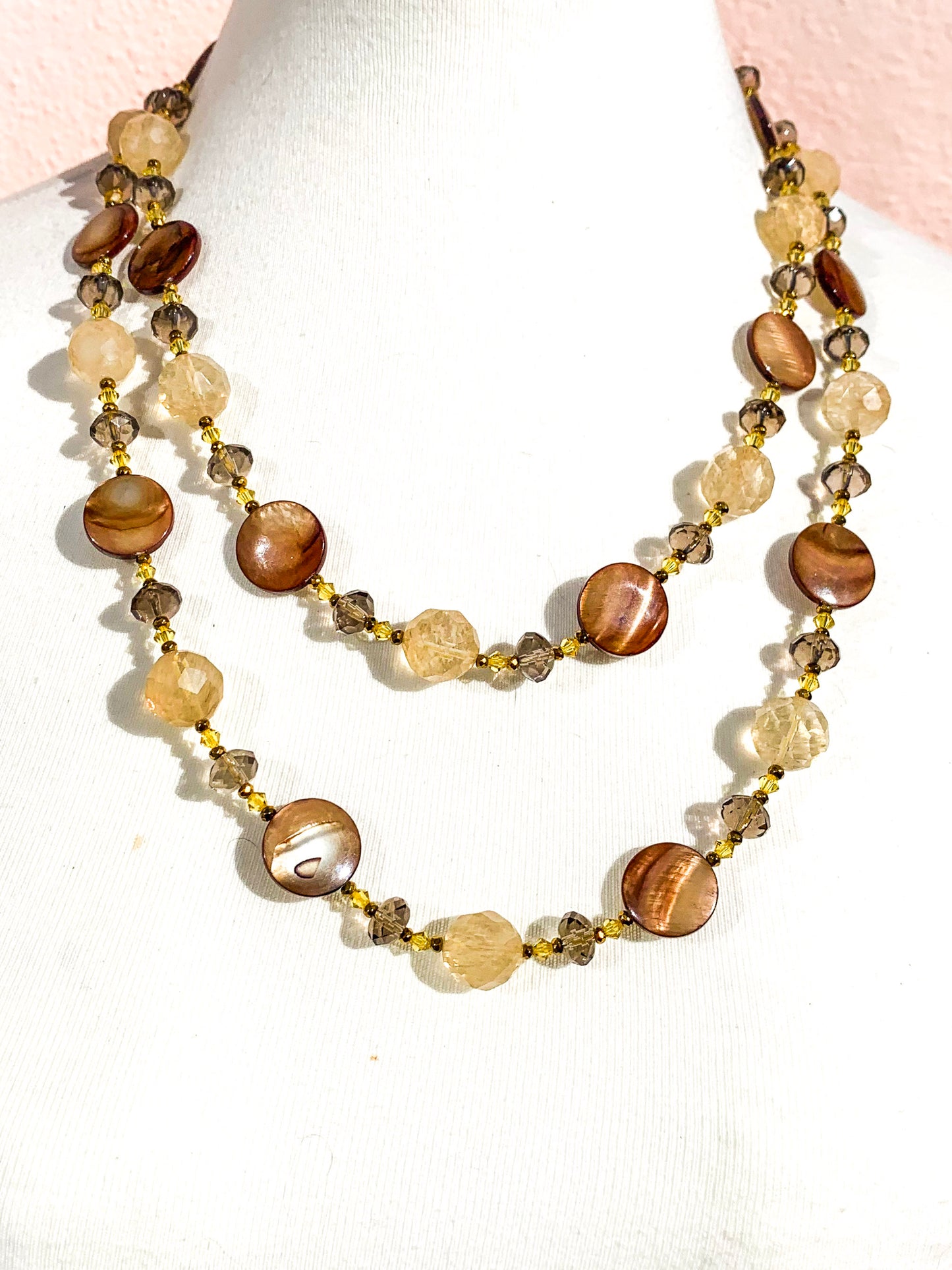 HAUTE : Smokey Quartz, Rutilated Quartz, Tigers Eye, Hematite, Swarovski Crystal & CZ, Mother of Pearl Necklace /H14
