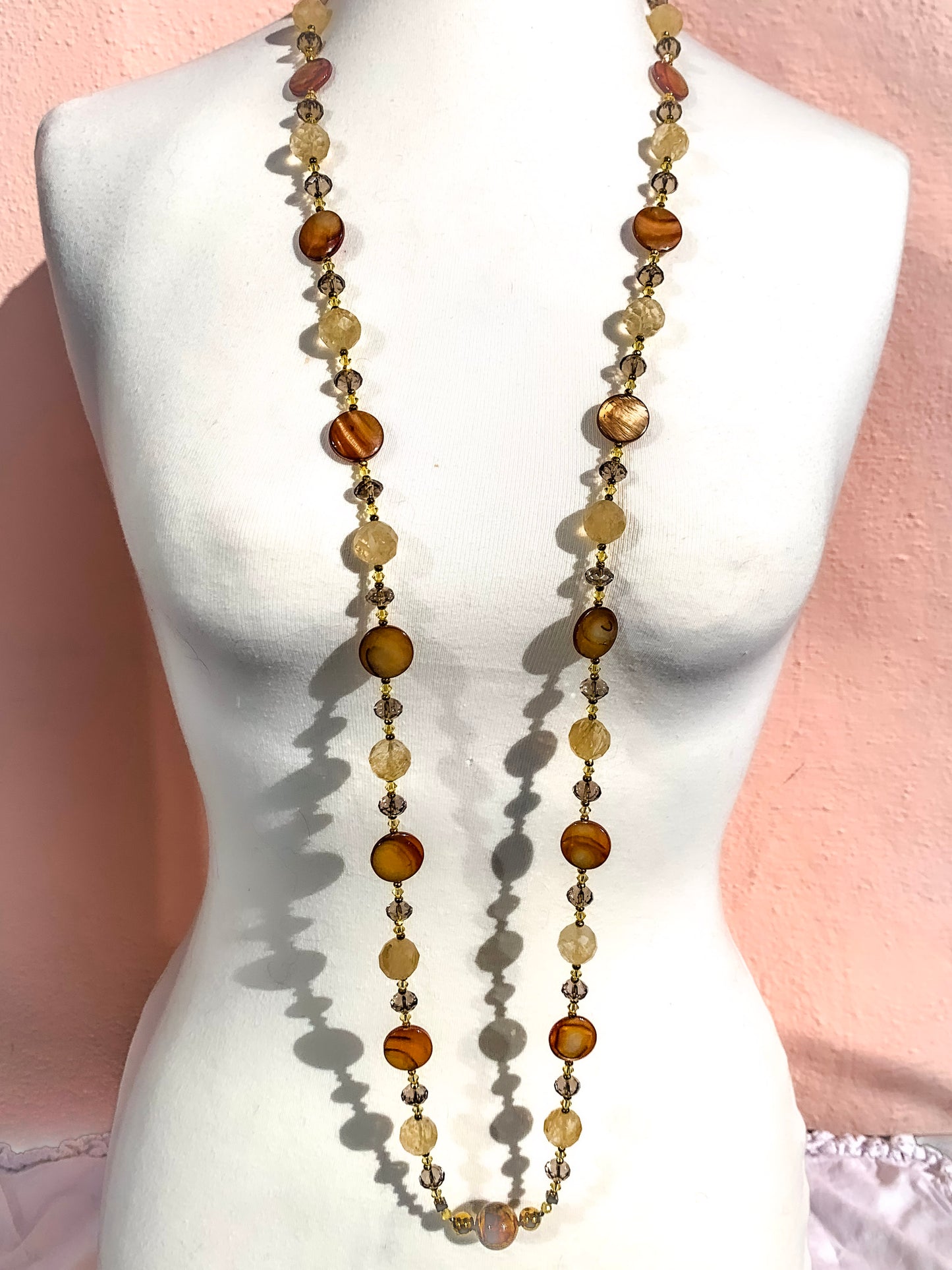 HAUTE : Smokey Quartz, Rutilated Quartz, Tigers Eye, Hematite, Swarovski Crystal & CZ, Mother of Pearl Necklace /H14