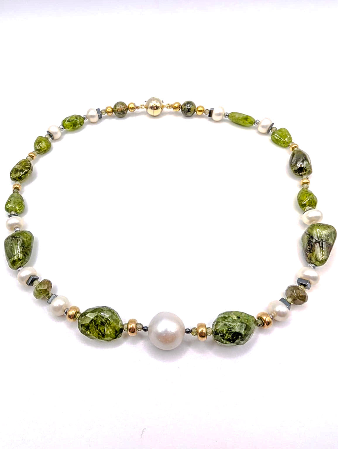 HAUTE - Art Deco - Peridot, Watermelon Tourmaline, Unikite, CZ, Hematite Necklace - Short / H45AD