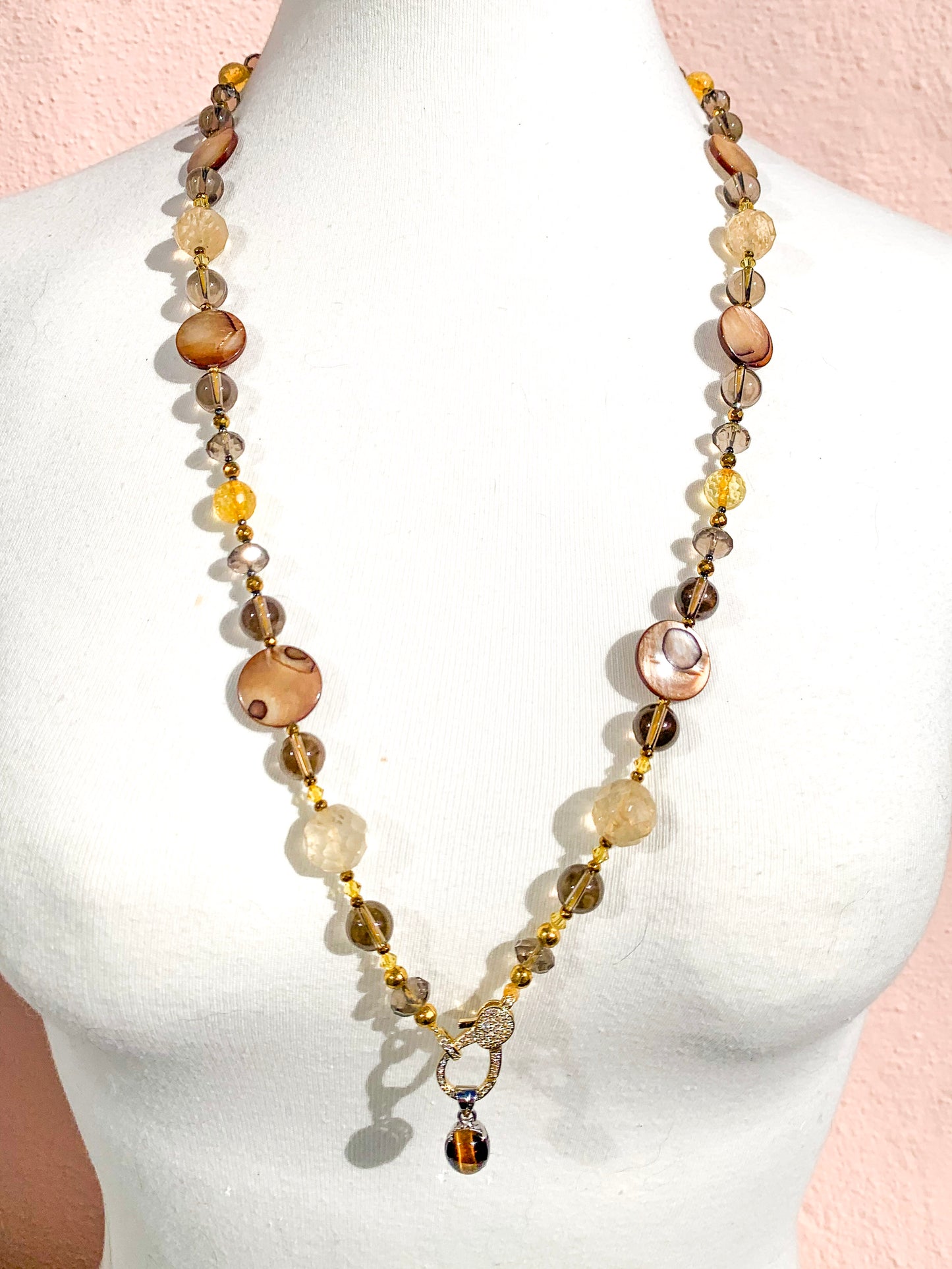 HAUTE : Smokey Quartz, Rutilated Quartz, Tigers Eye, Citrine, Hematite, Mother of Pearl Swarovski Crystal, CZ Necklace /H13