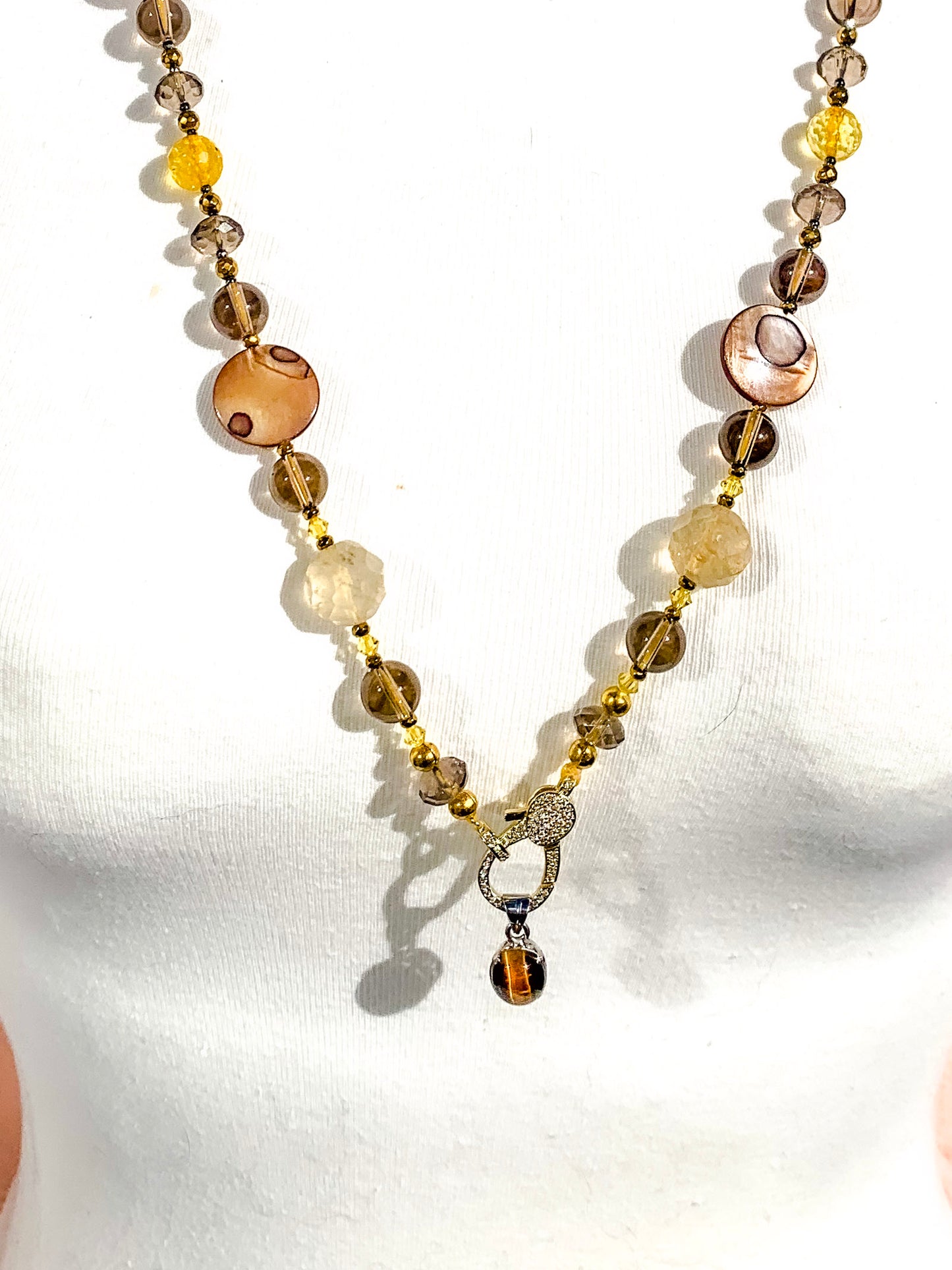 HAUTE : Smokey Quartz, Rutilated Quartz, Tigers Eye, Citrine, Hematite, Mother of Pearl Swarovski Crystal, CZ Necklace /H13