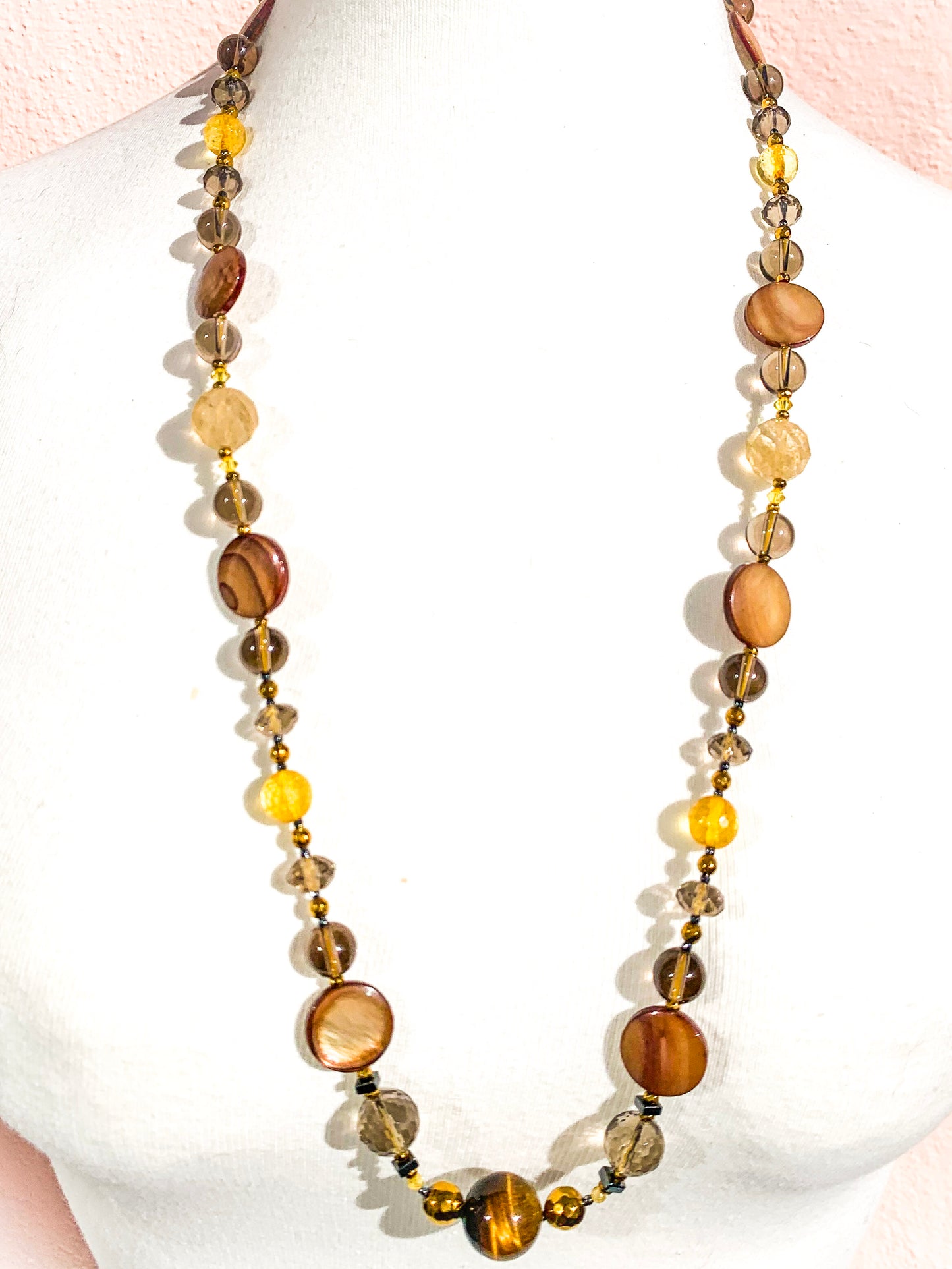HAUTE : Smokey Quartz, Rutilated Quartz, Tigers Eye, Citrine, Hematite, Mother of Pearl Swarovski Crystal, CZ Necklace /H13