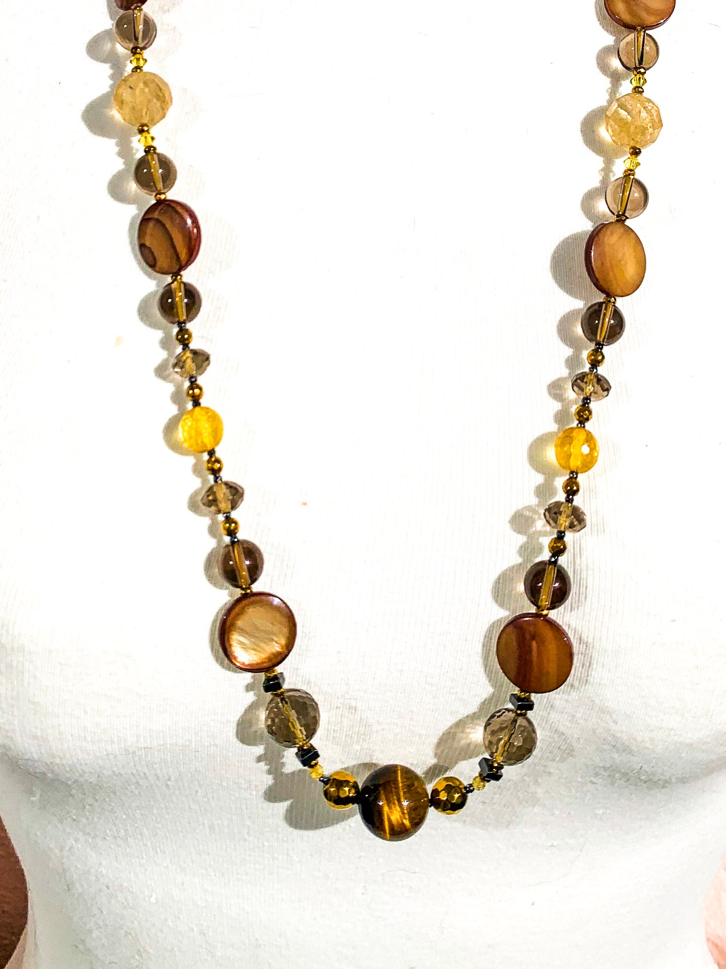 HAUTE : Smokey Quartz, Rutilated Quartz, Tigers Eye, Citrine, Hematite, Mother of Pearl Swarovski Crystal, CZ Necklace /H13