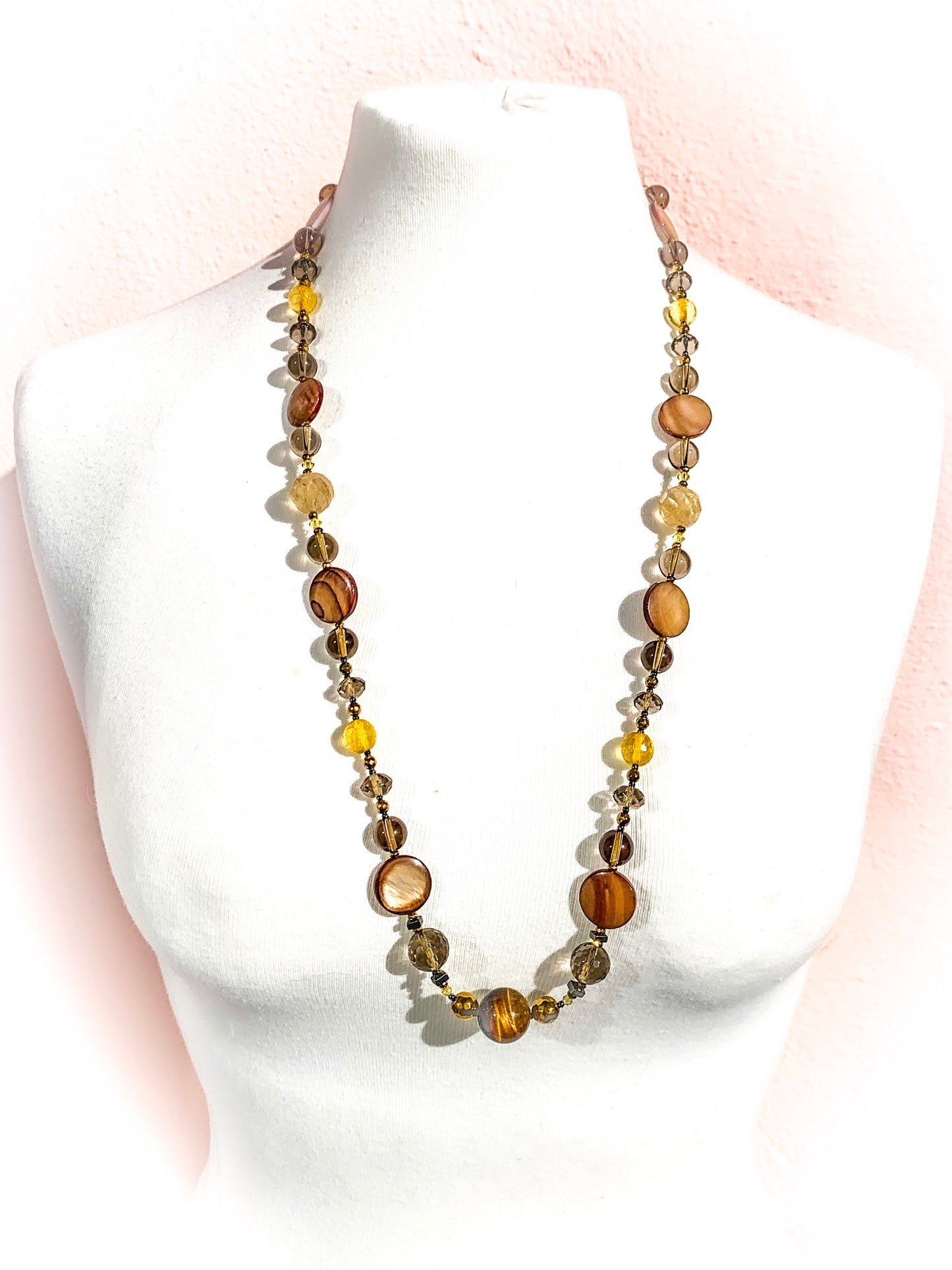HAUTE : Smokey Quartz, Rutilated Quartz, Tigers Eye, Citrine, Hematite, Mother of Pearl Swarovski Crystal, CZ Necklace /H13