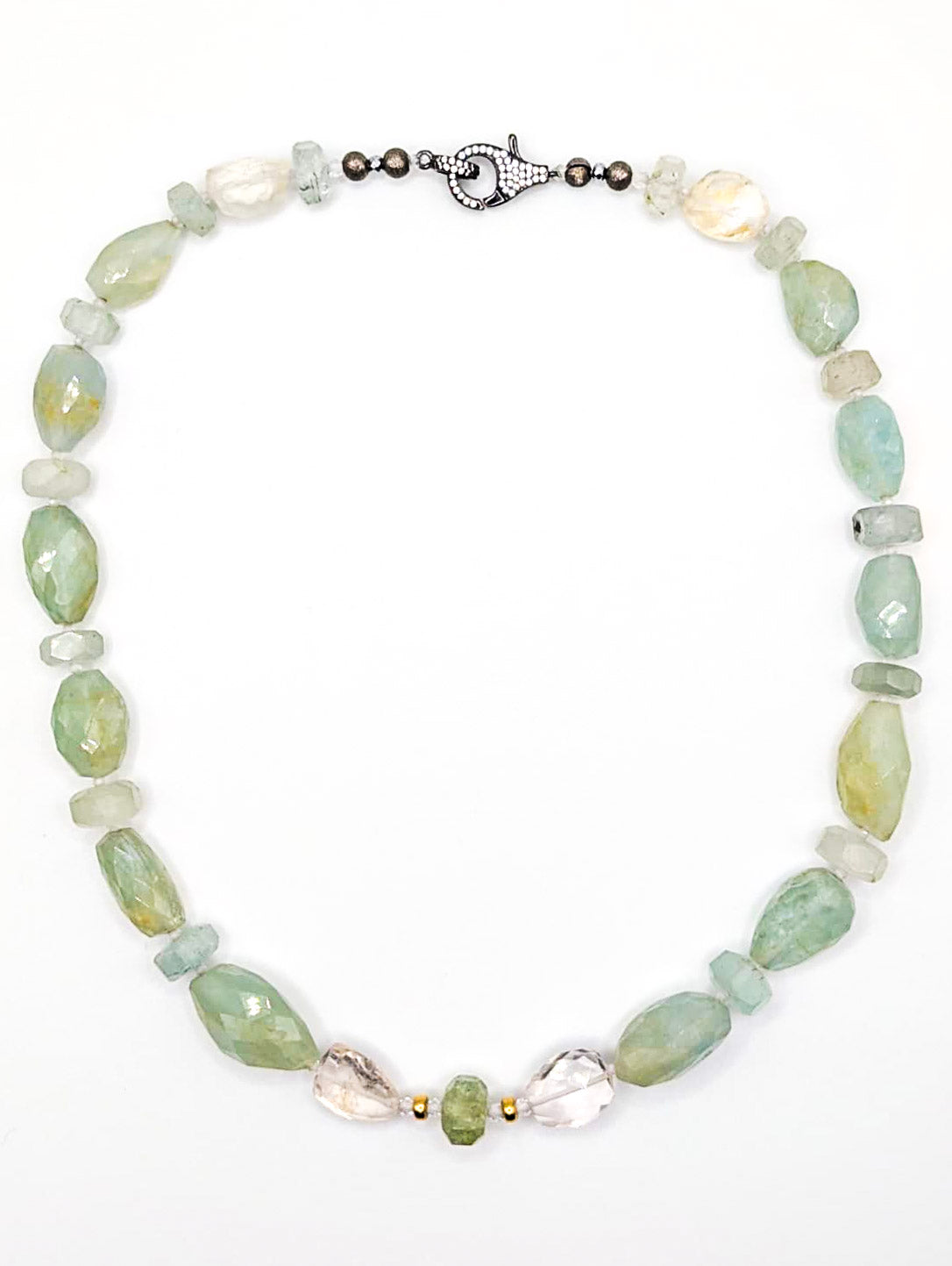 HAUTE : Aquamarine, Rock Crystal, Solid Gold, Silver & Oxidised Silver Hematite & Cubic Zirconia Pendant (Detachable) Necklace / H43