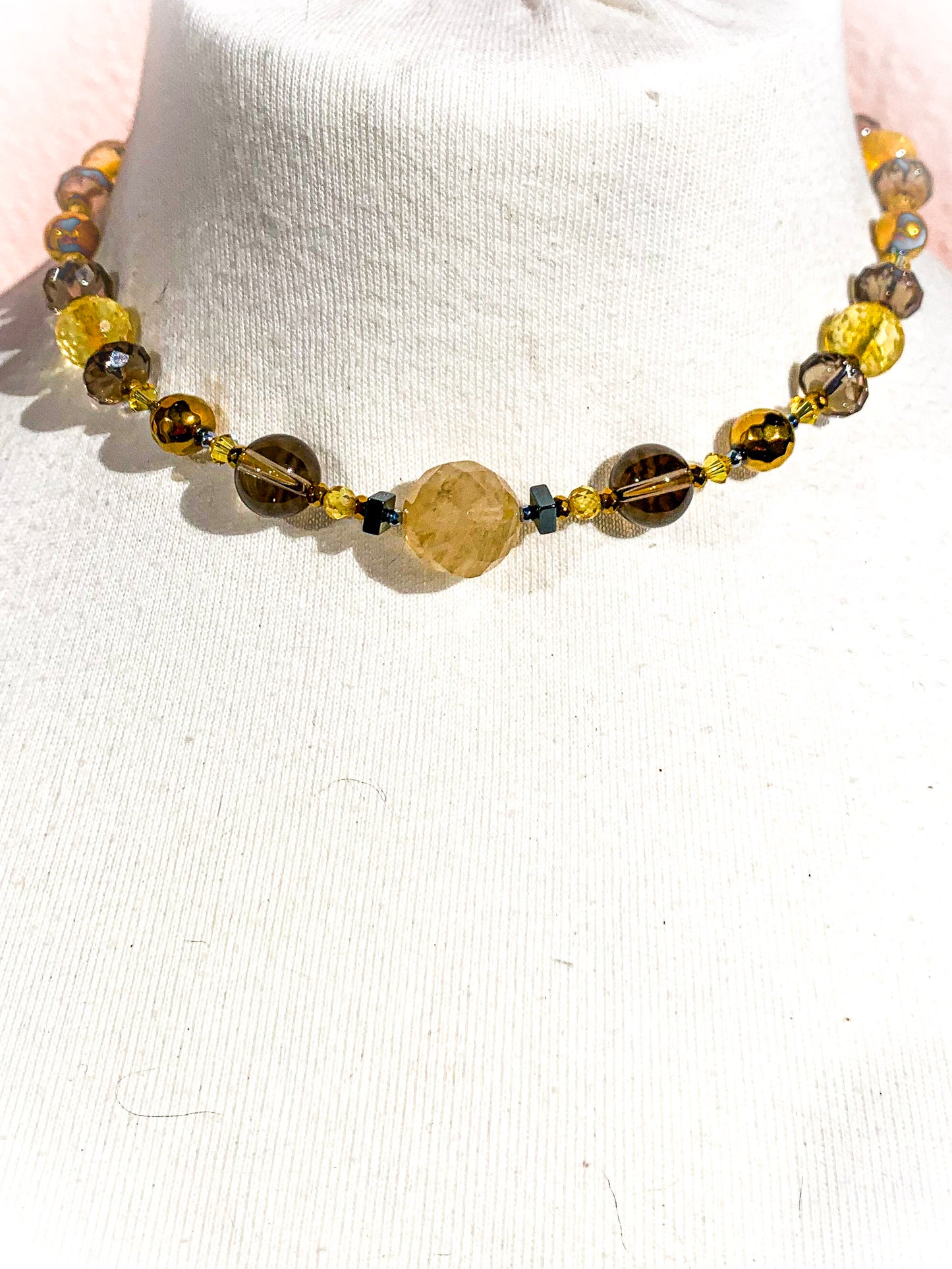 HAUTE : Citrine, Smokey Quartz, Rutilated Quartz, Hematite, Swarovski Crystal w/ 925 Vermeil Magnet Necklace /H16