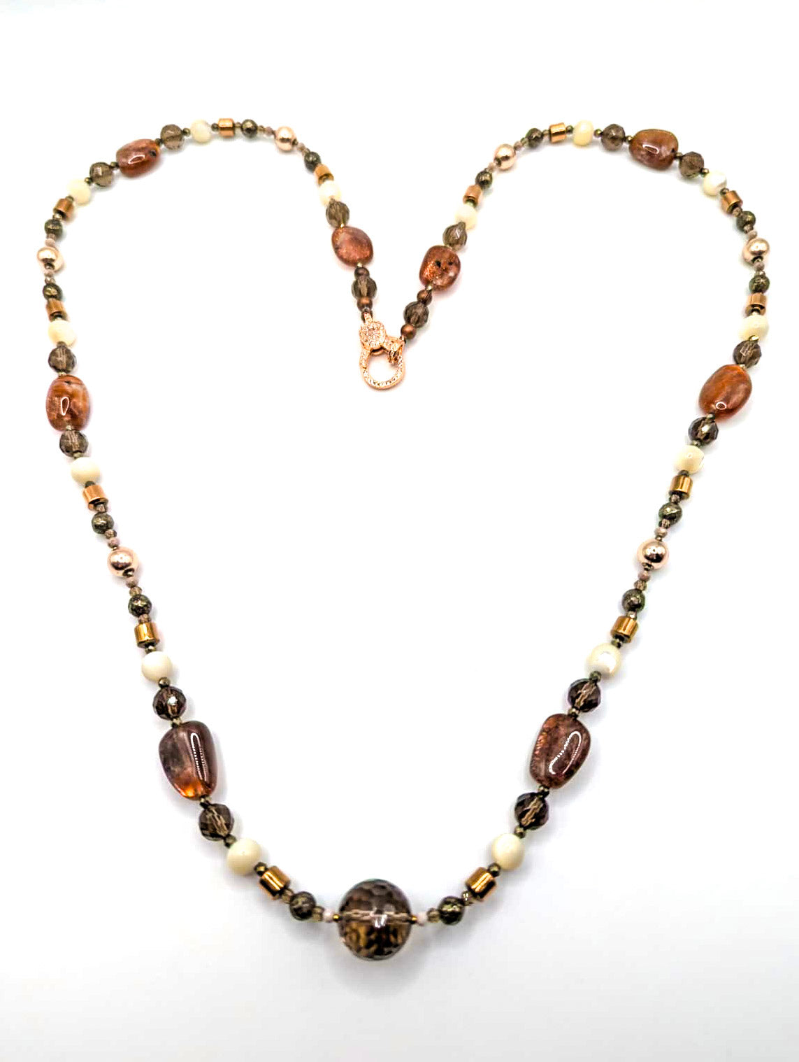 HAUTE : Smokey Quartz, Sunstone, Pyrite, Hematite, CZ, Mother of Pearl Necklace /H18
