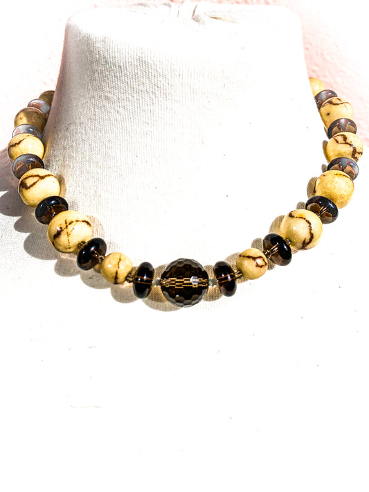HAUTE : Smoky Quartz, Tiger Limestone, CZ Necklace /H22