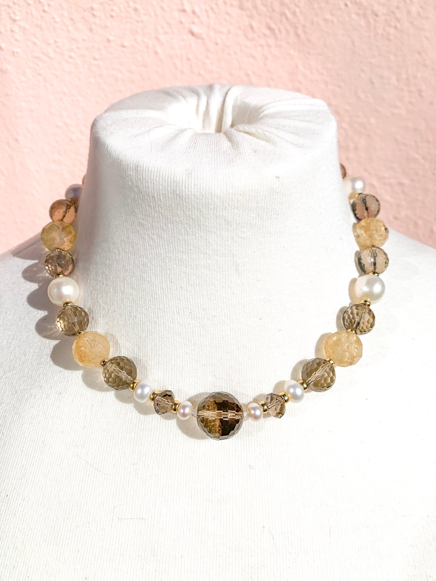 HAUTE : Smokey Quartz, Rutilated Quartz, Pearl, CZ & Solid Gold Necklace /H24
