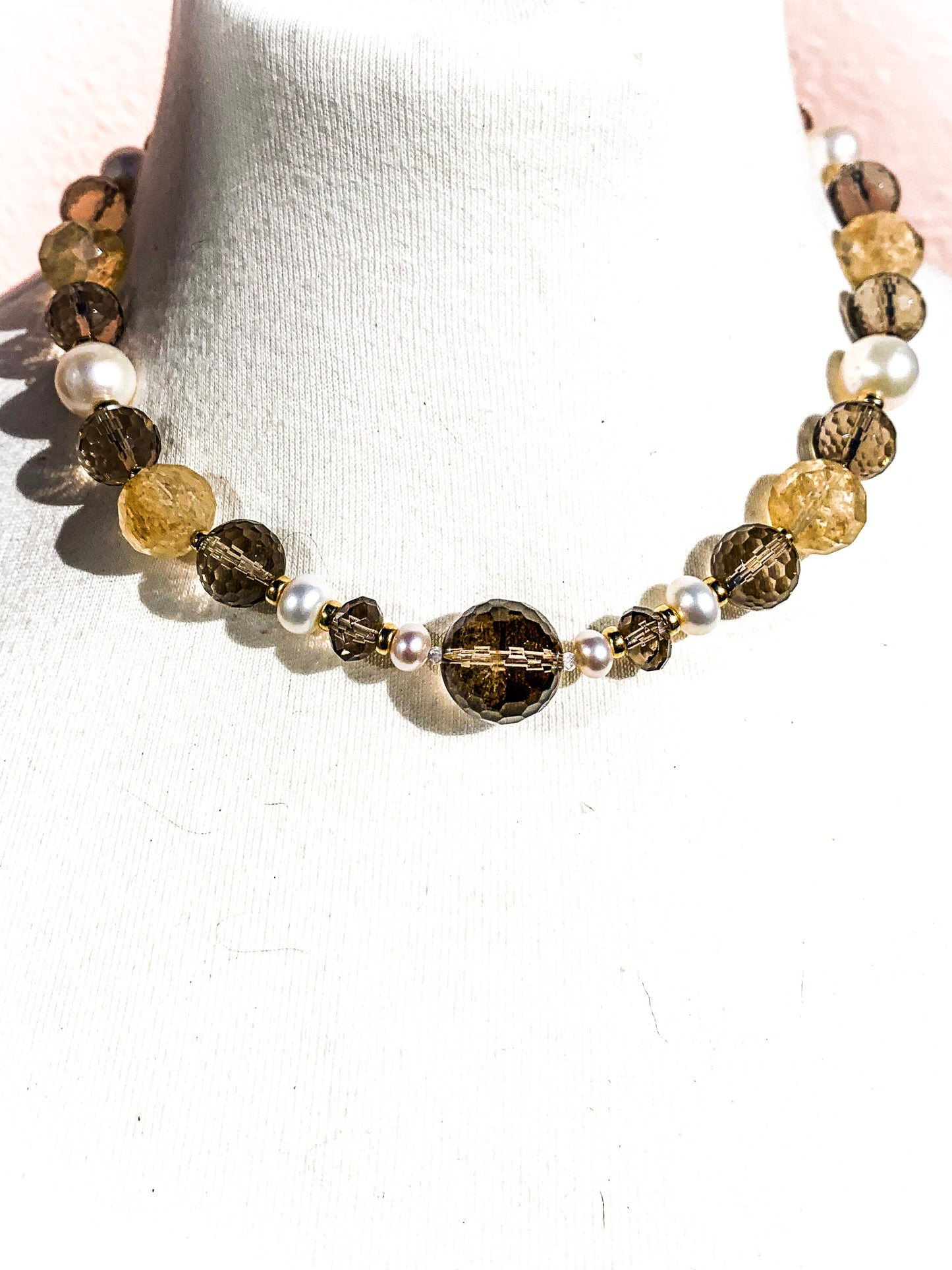 HAUTE : Smokey Quartz, Rutilated Quartz, Pearl, CZ & Solid Gold Necklace /H24