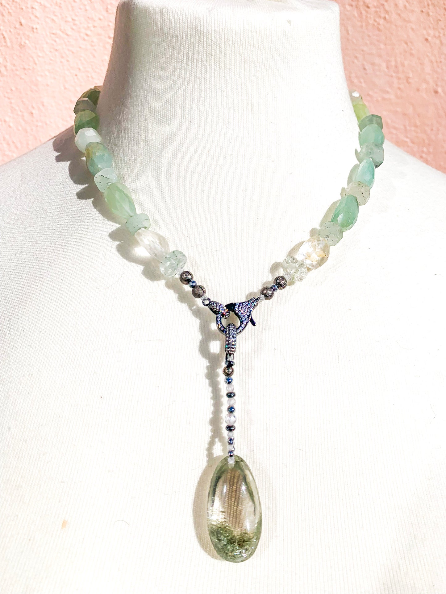 HAUTE : Aquamarine, Rock Crystal, Solid Gold, Silver & Oxidised Silver Hematite & Cubic Zirconia Pendant (Detachable) Necklace / H43