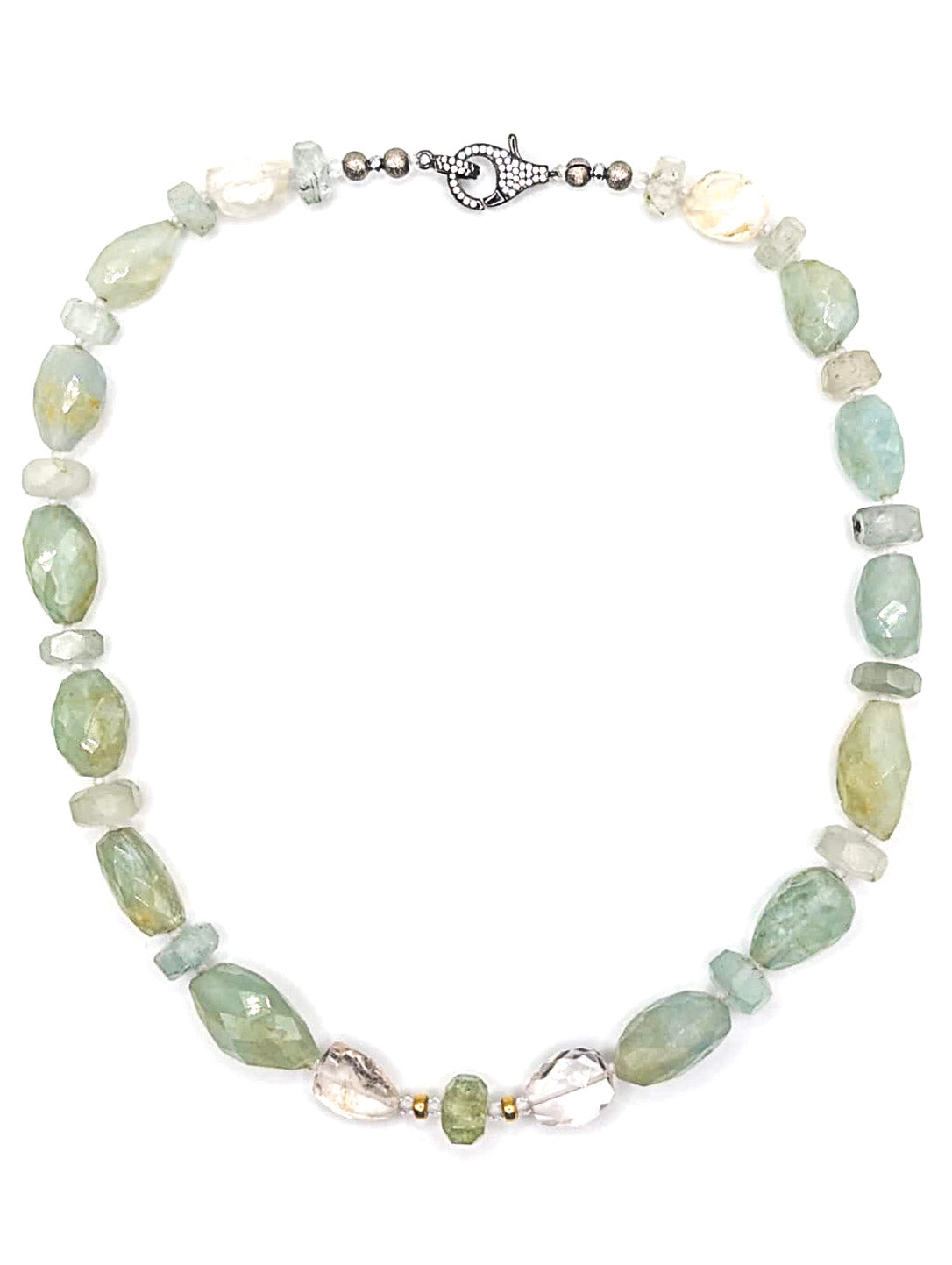 HAUTE : Aquamarine, Rock Crystal, Solid Gold, Silver & Oxidised Silver Hematite & Cubic Zirconia Pendant (Detachable) Necklace / H43