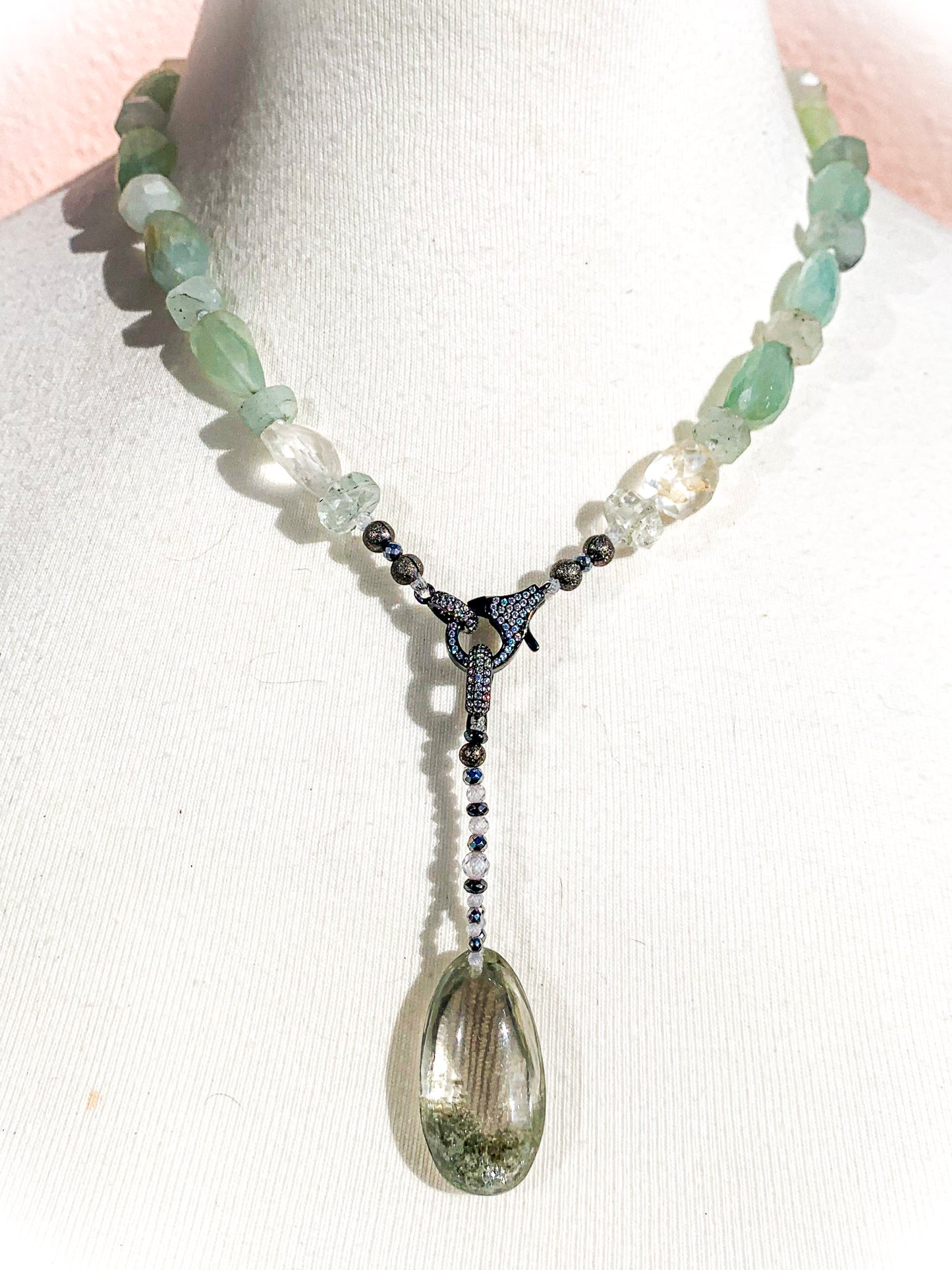 HAUTE : Aquamarine, Rock Crystal, Solid Gold, Silver & Oxidised Silver Hematite & Cubic Zirconia Pendant (Detachable) Necklace / H43