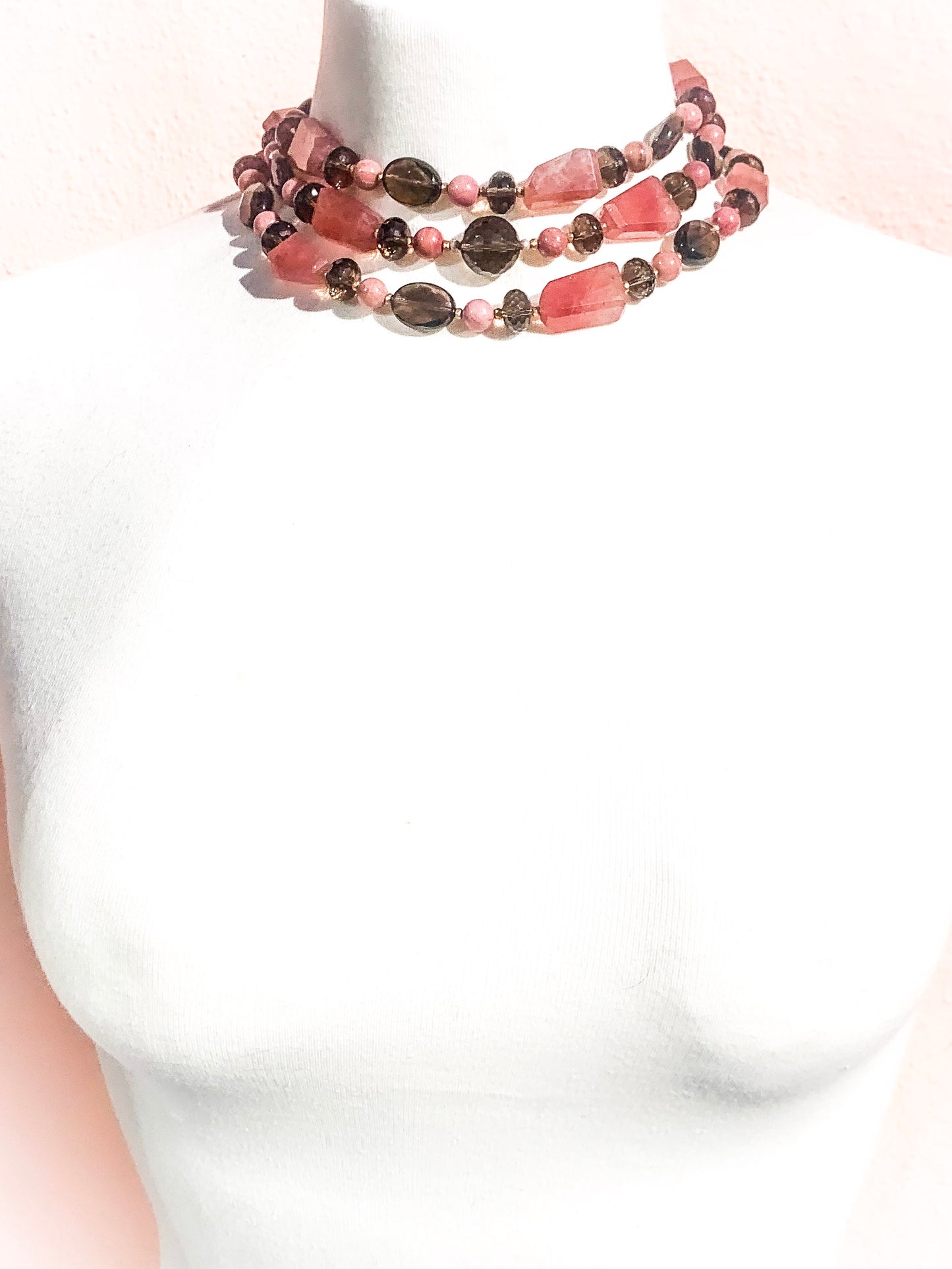 HAUTE : Strawberry Quartz, Smokey Quartz, CZ & Matt Gold Glass Necklace / H27