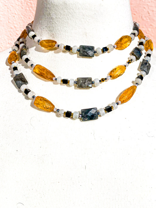 HAUTE : Citrine, Labradorite, Onyx, Moonstone Art Deco 2 Necklace / H10AD2