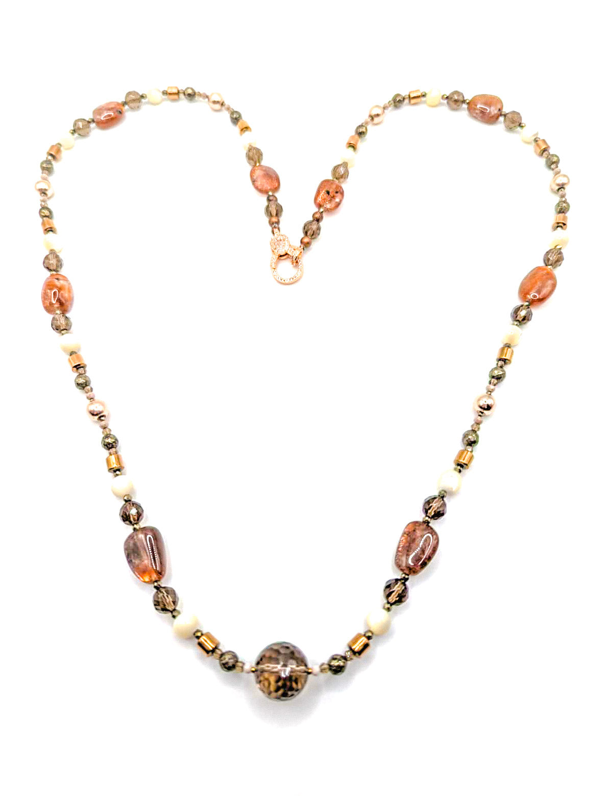 HAUTE : Smokey Quartz, Sunstone, Pyrite, Hematite, CZ, Mother of Pearl Necklace /H18