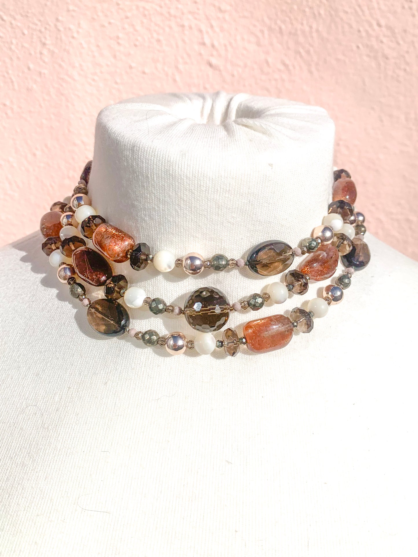 HAUTE - Smokey Quartz, Sunstone, Pyrite, Hematite, CZ, Mother of Pearl Necklace /H19