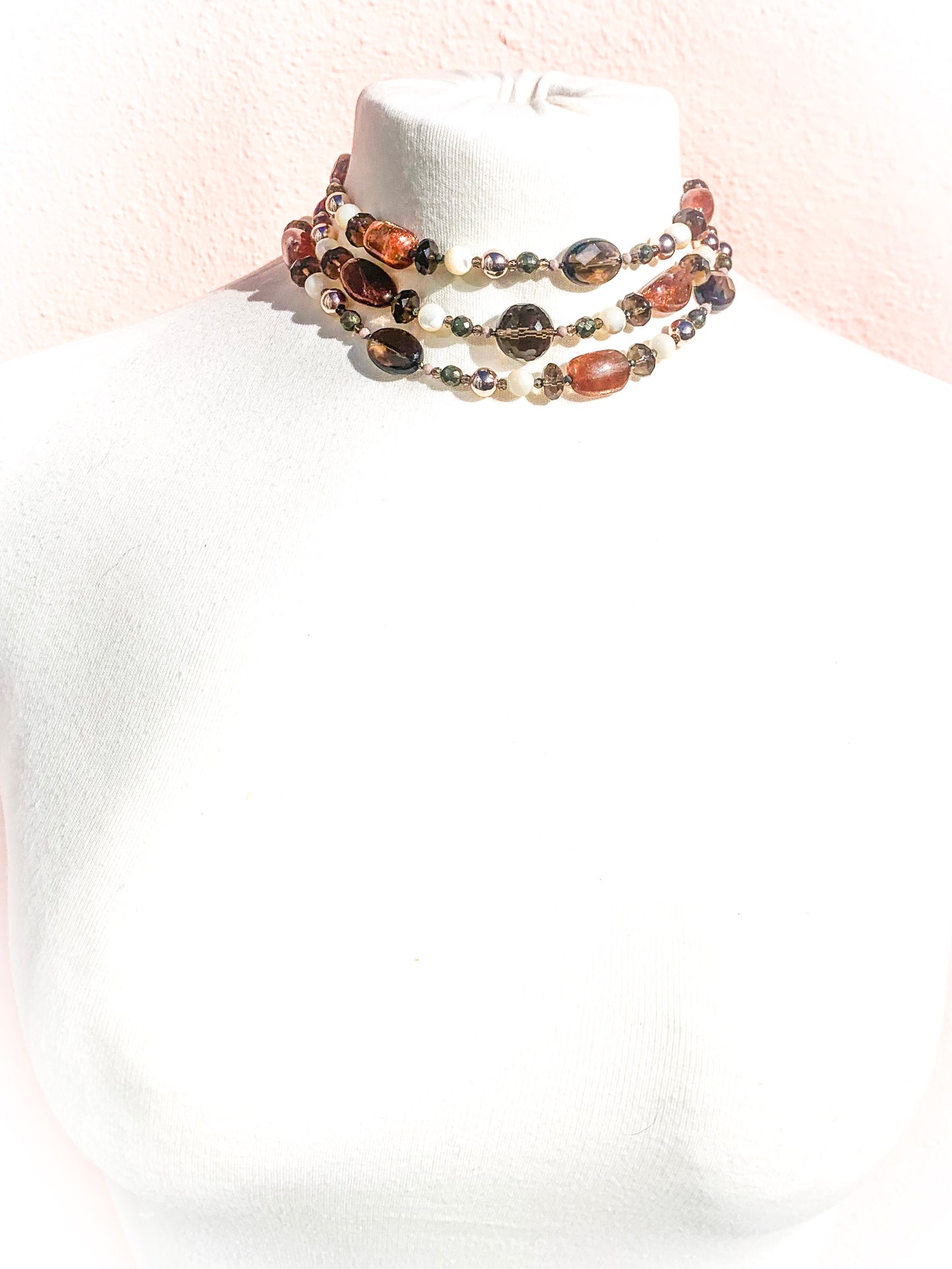 HAUTE - Smokey Quartz, Sunstone, Pyrite, Hematite, CZ, Mother of Pearl Necklace /H19