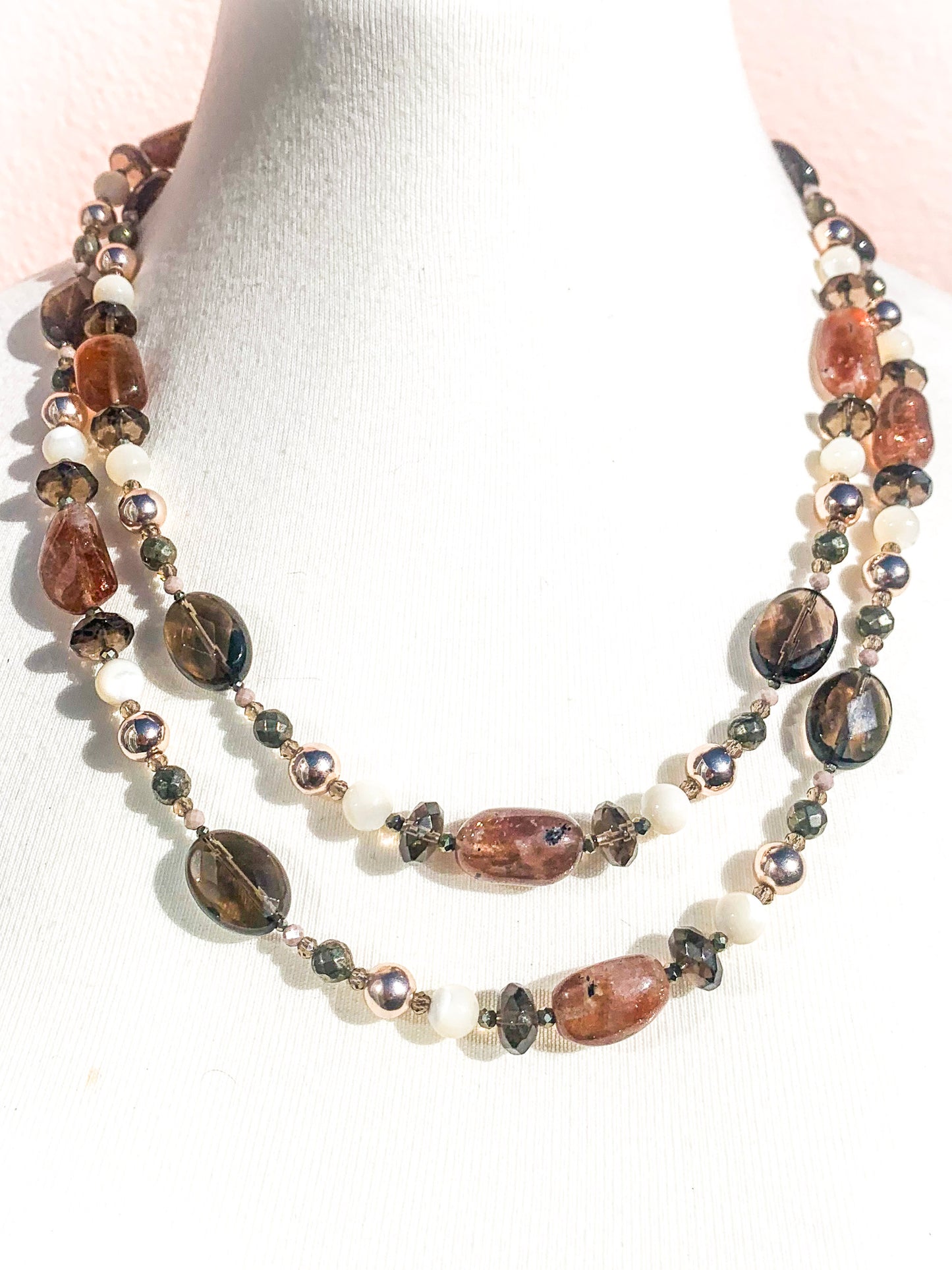 HAUTE - Smokey Quartz, Sunstone, Pyrite, Hematite, CZ, Mother of Pearl Necklace /H19