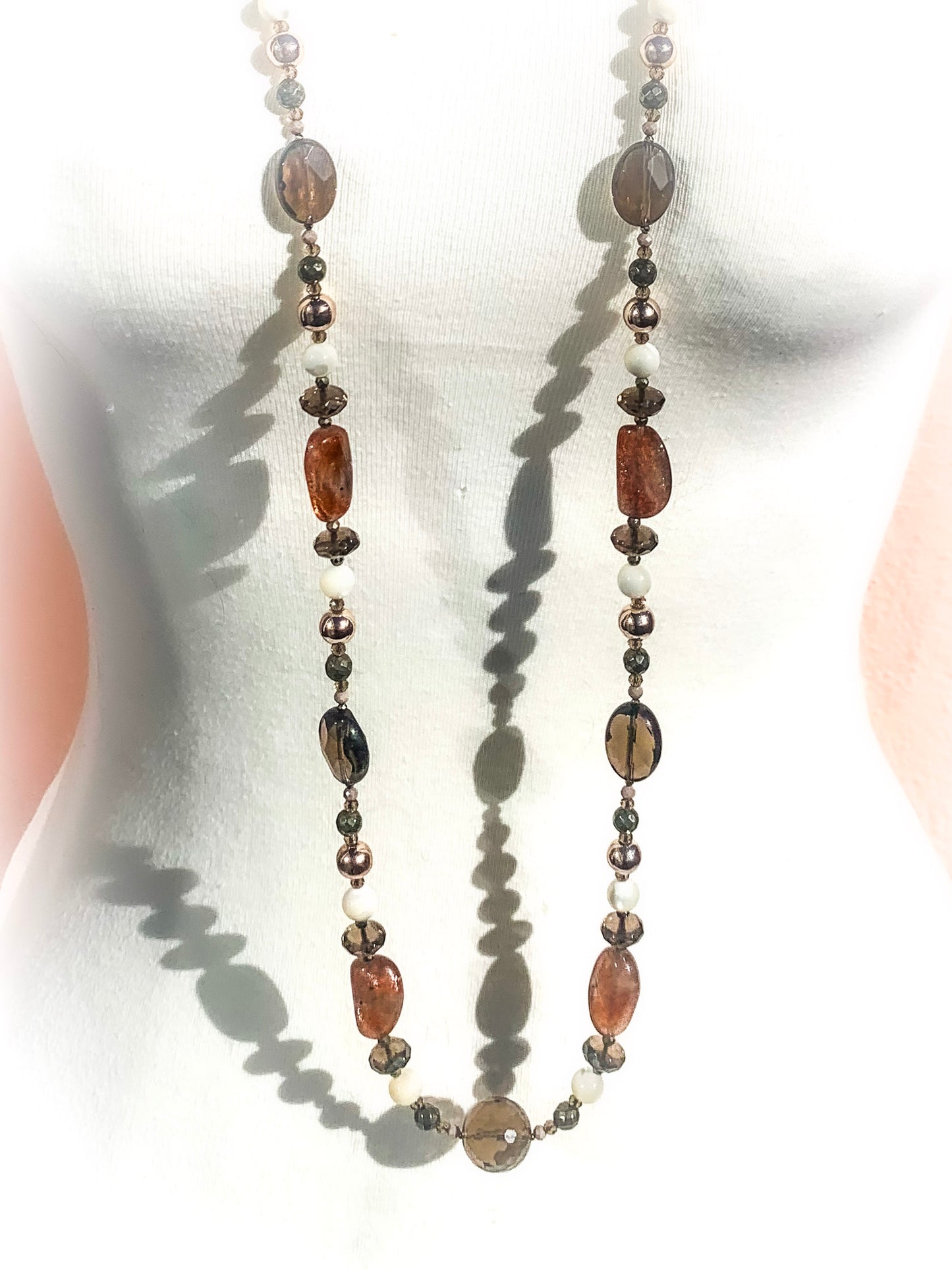 HAUTE - Smokey Quartz, Sunstone, Pyrite, Hematite, CZ, Mother of Pearl Necklace /H19