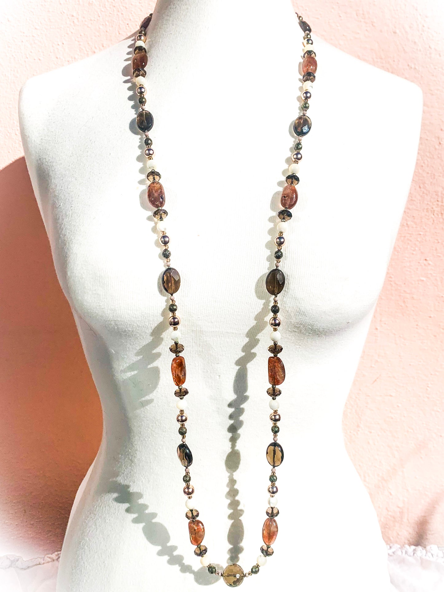 HAUTE - Smokey Quartz, Sunstone, Pyrite, Hematite, CZ, Mother of Pearl Necklace /H19