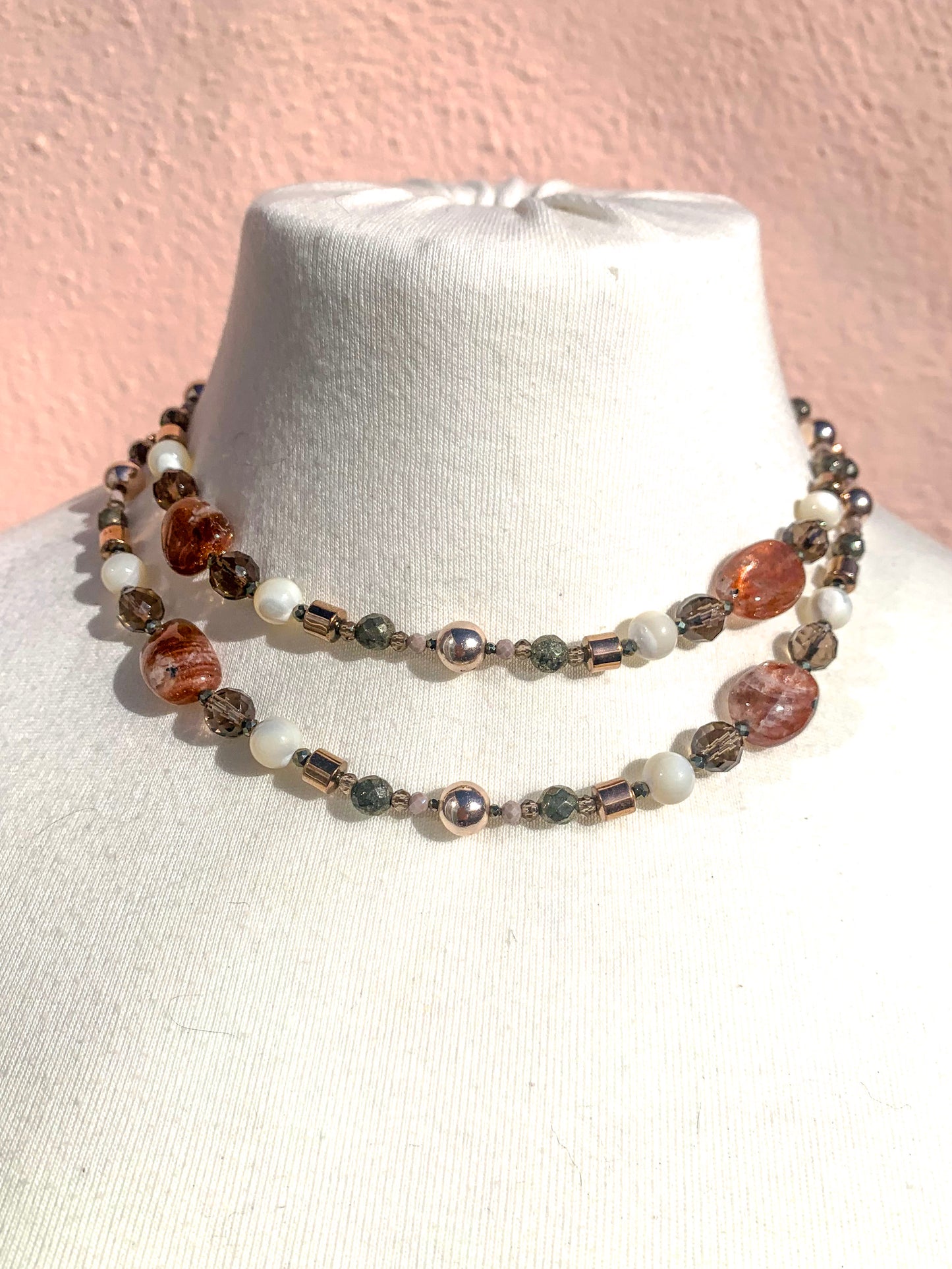 HAUTE : Smokey Quartz, Sunstone, Pyrite, Hematite, CZ, Mother of Pearl Necklace /H18
