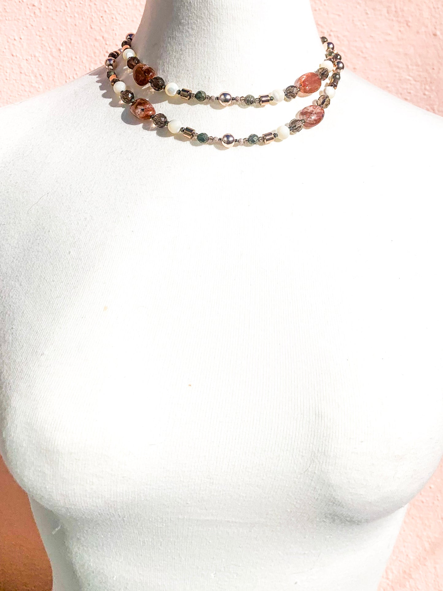 HAUTE : Smokey Quartz, Sunstone, Pyrite, Hematite, CZ, Mother of Pearl Necklace /H18