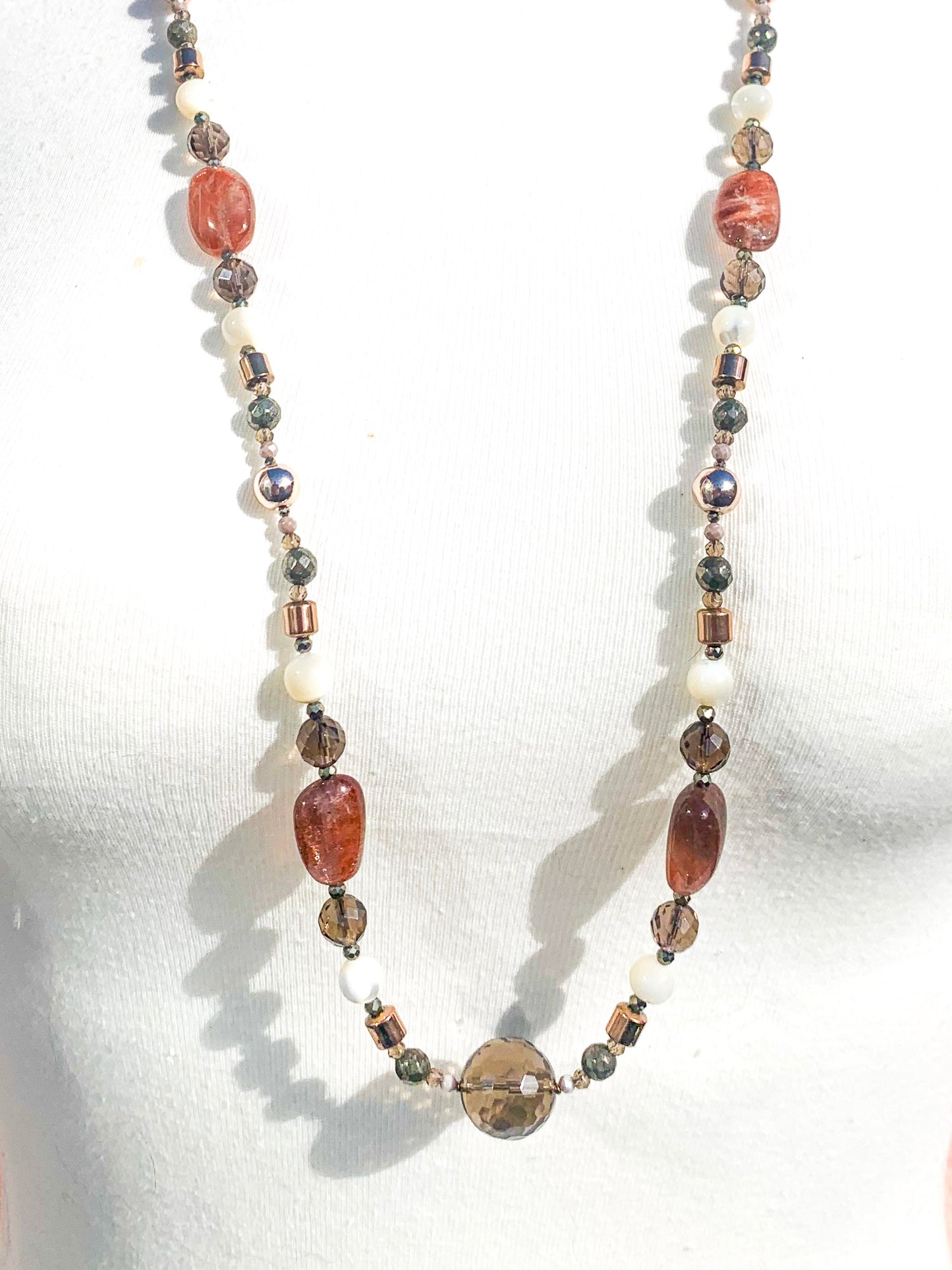 HAUTE : Smokey Quartz, Sunstone, Pyrite, Hematite, CZ, Mother of Pearl Necklace /H18