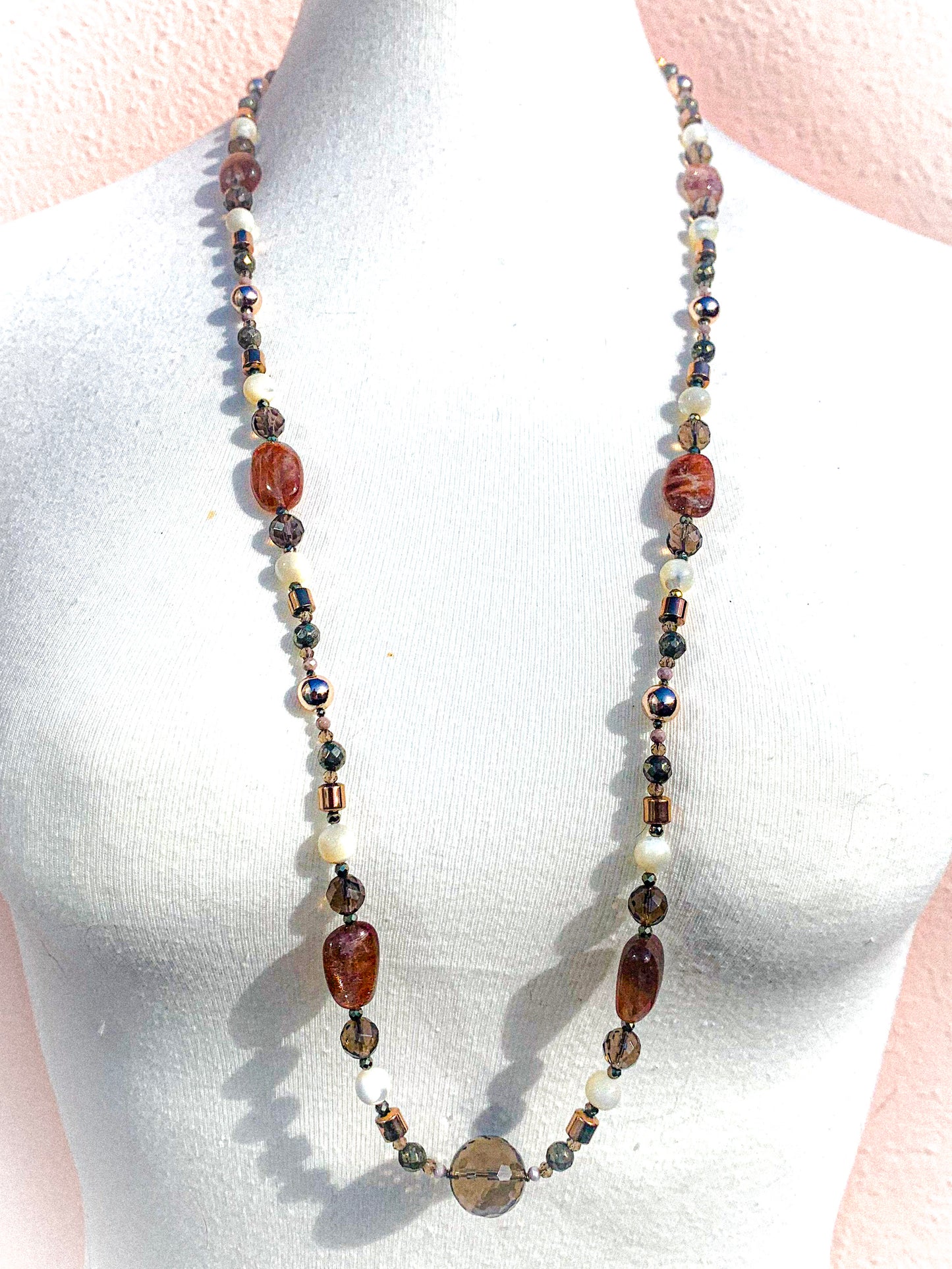 HAUTE : Smokey Quartz, Sunstone, Pyrite, Hematite, CZ, Mother of Pearl Necklace /H18