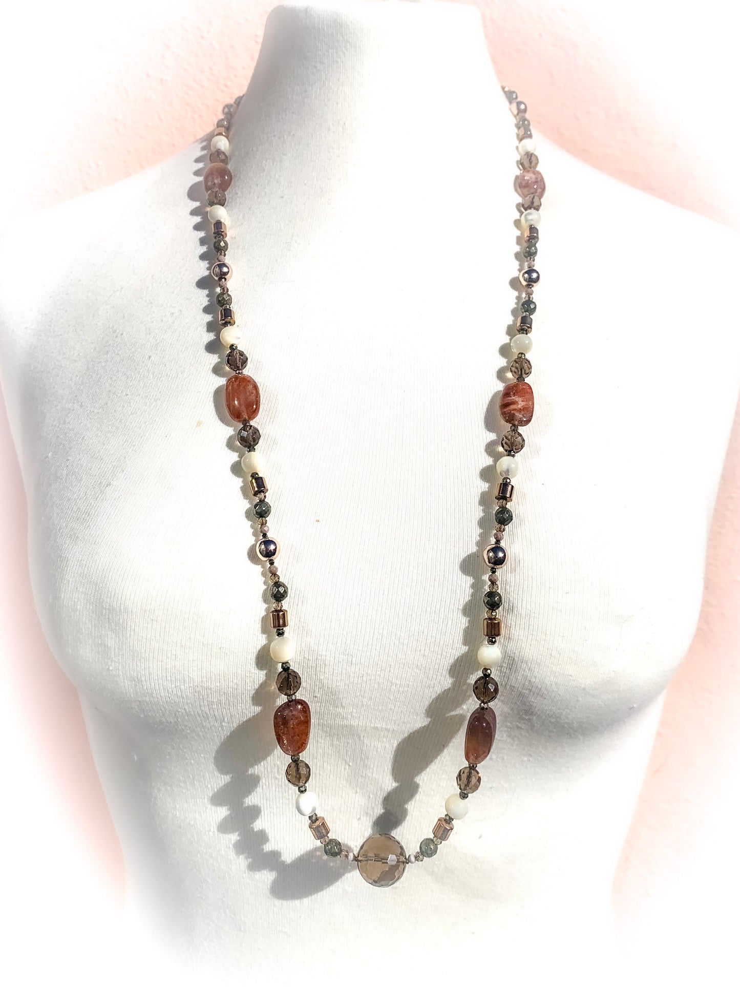 HAUTE : Smokey Quartz, Sunstone, Pyrite, Hematite, CZ, Mother of Pearl Necklace /H18