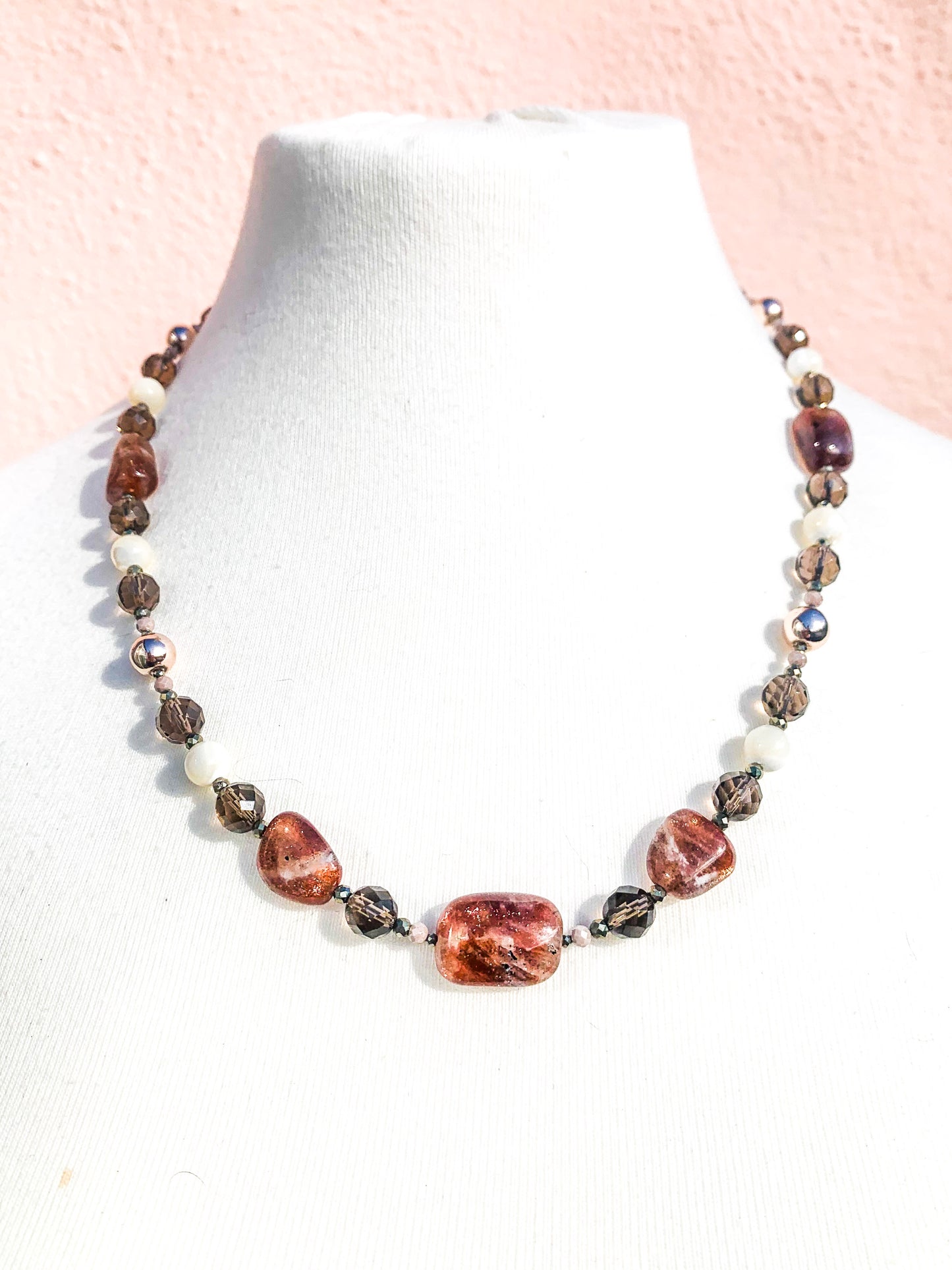 HAUTE : Smokey Quartz, Sunstone, Pyrite, CZ, Hematite, Mother of Pearl Necklace /H17
