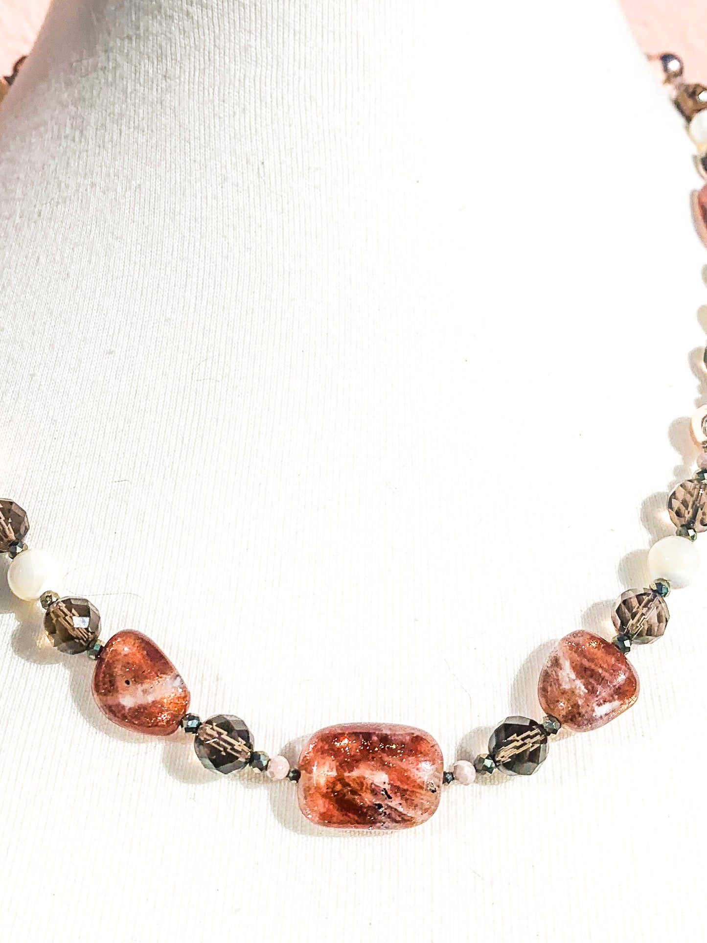 HAUTE : Smokey Quartz, Sunstone, Pyrite, CZ, Hematite, Mother of Pearl Necklace /H17