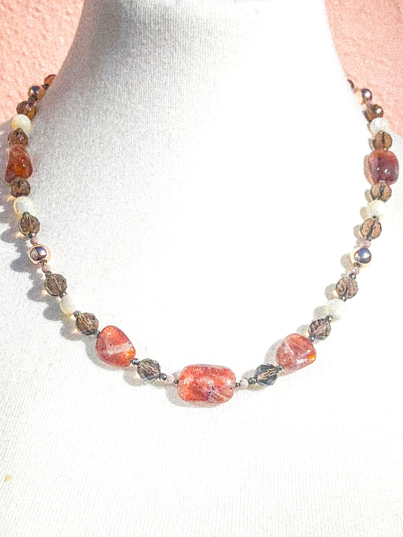 HAUTE : Smokey Quartz, Sunstone, Pyrite, CZ, Hematite, Mother of Pearl Necklace /H17