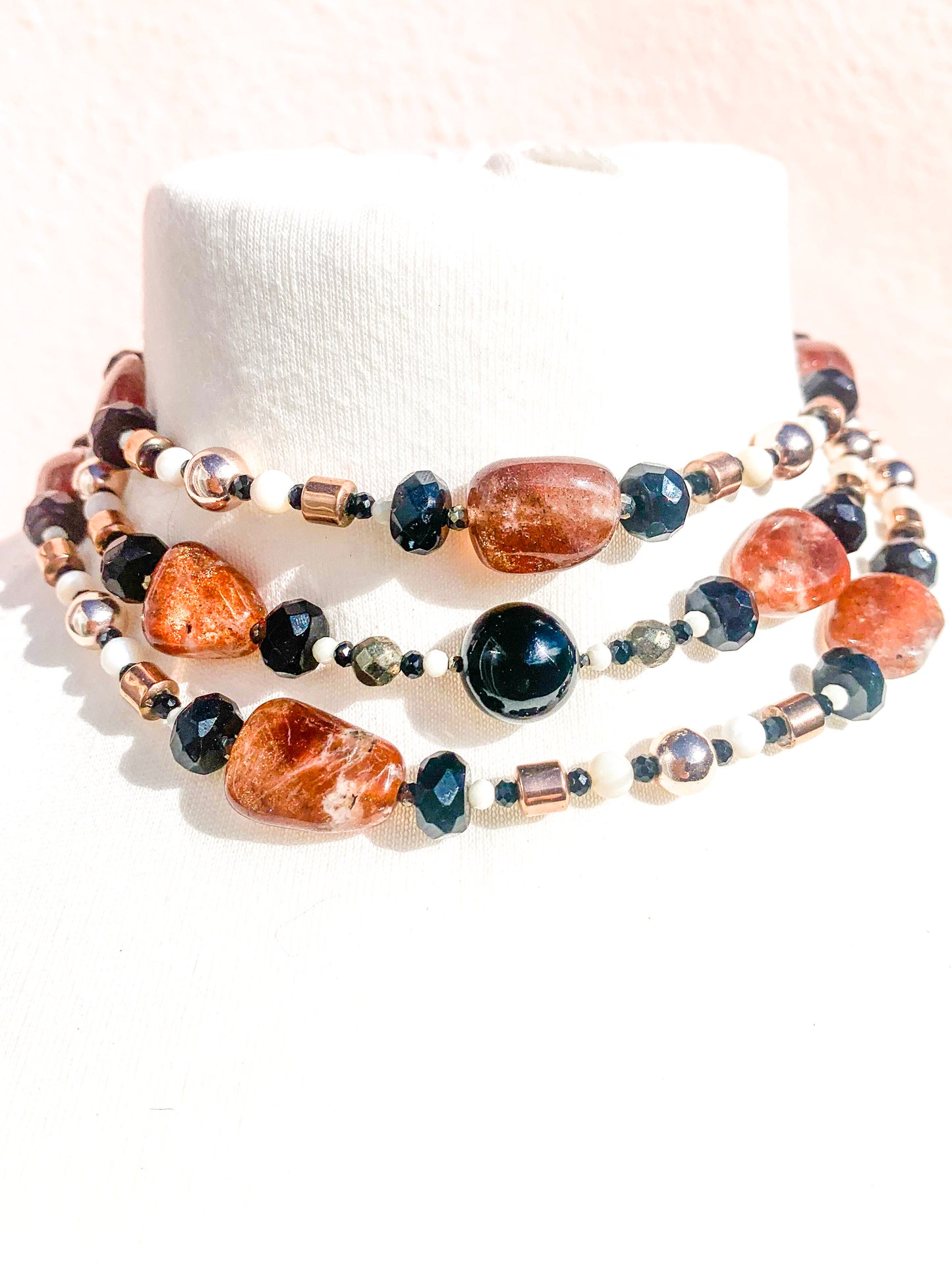 HAUTE - Onyx, Sunstone, Pyrite, Hematite, CZ, Mother of Pearl Necklace /H21