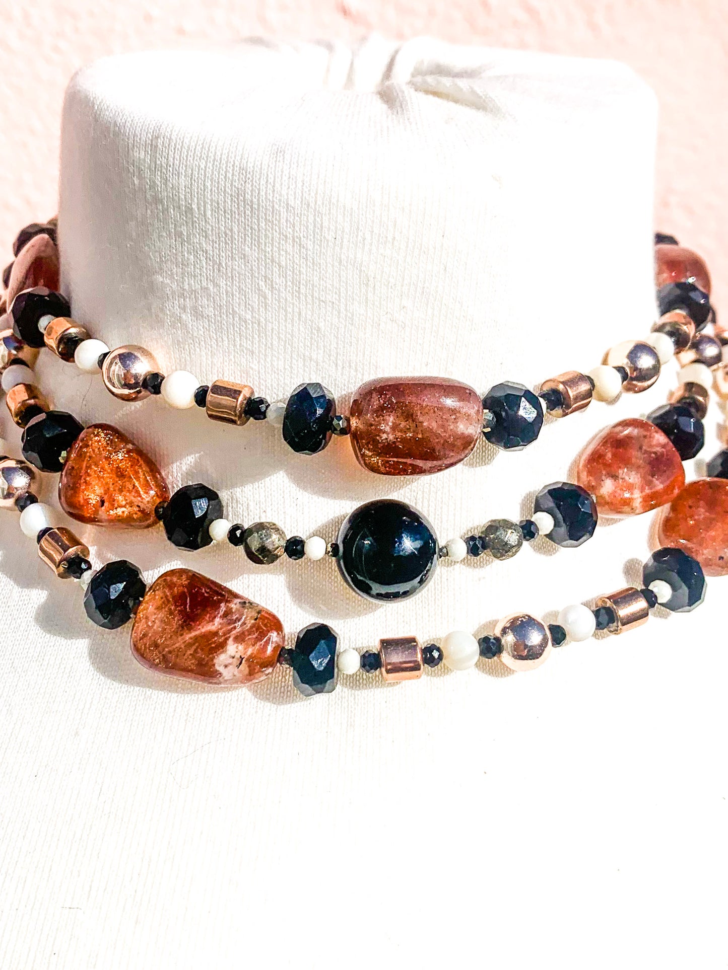 HAUTE - Onyx, Sunstone, Pyrite, Hematite, CZ, Mother of Pearl Necklace /H21